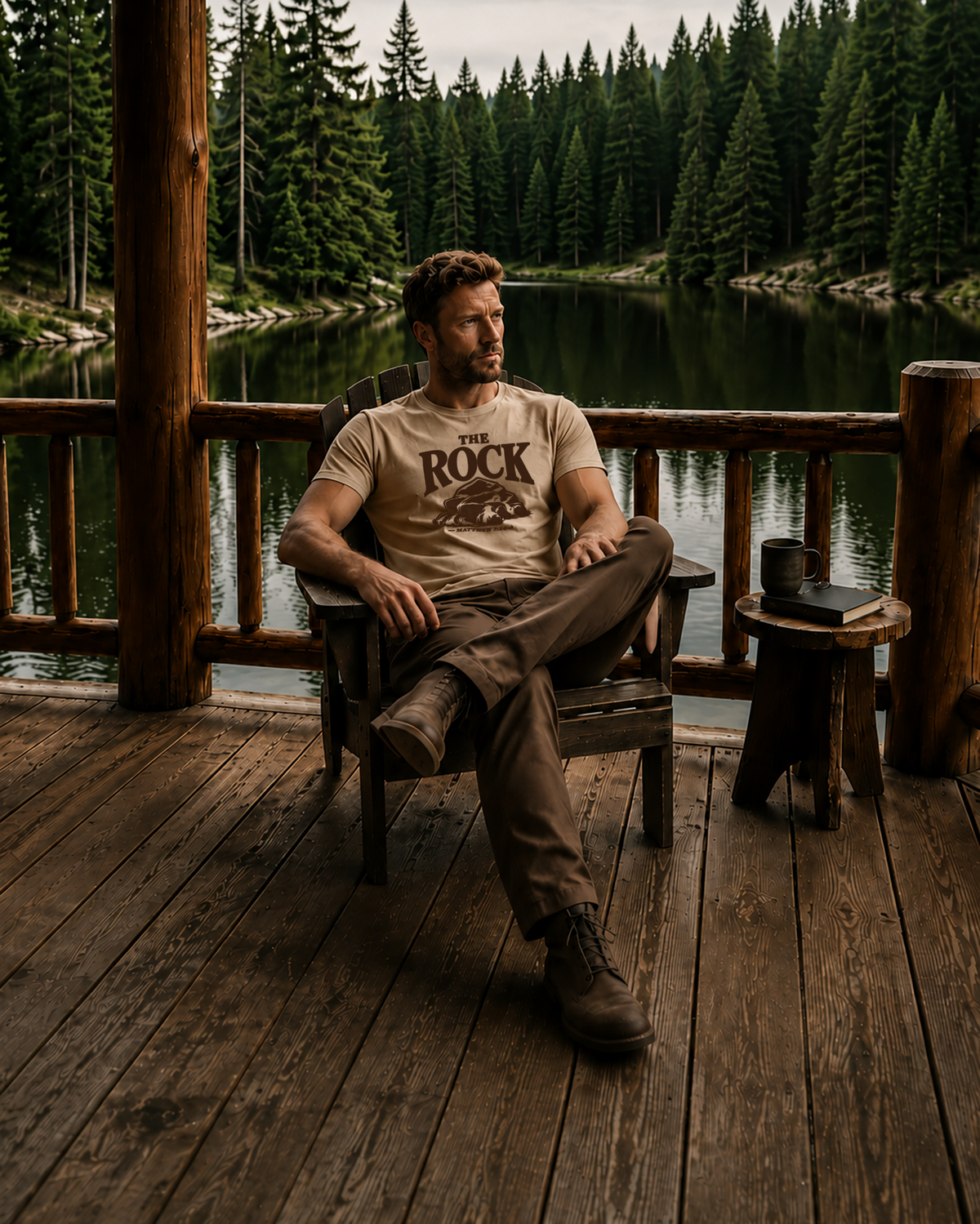 Male model wearing The Rock Tee.