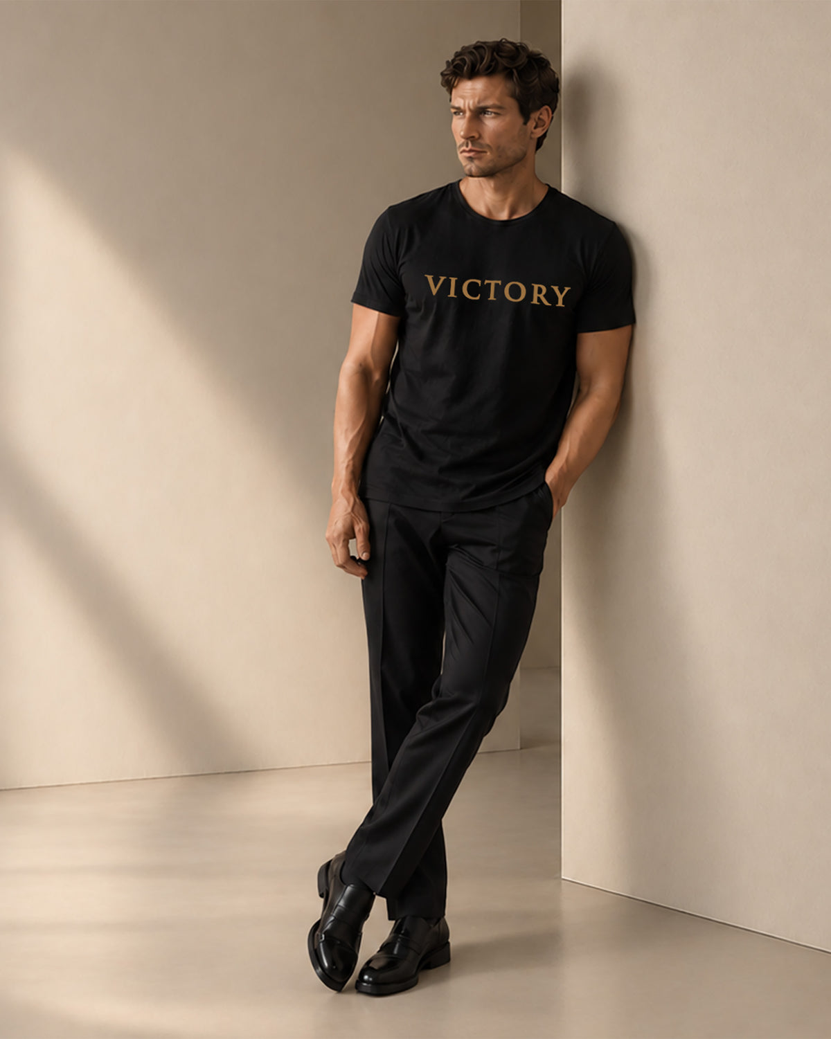 Lifestyle image featuring Victory Tee in a relaxed setting.