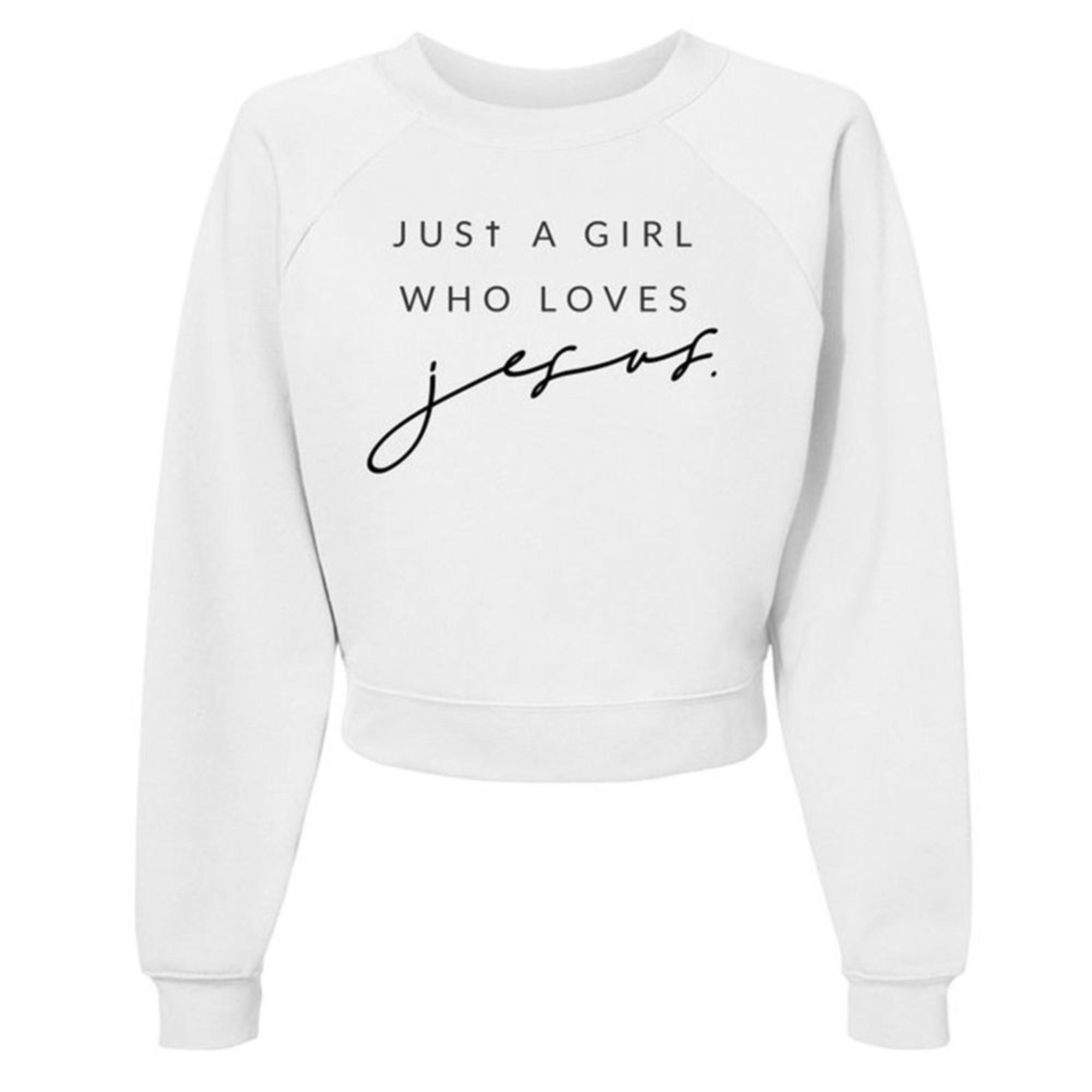 Just a Girl who Loves Jesus Women's Cropped Raglan Pullover Fleece Sweatshirt - White - Jesus Passion Apparel