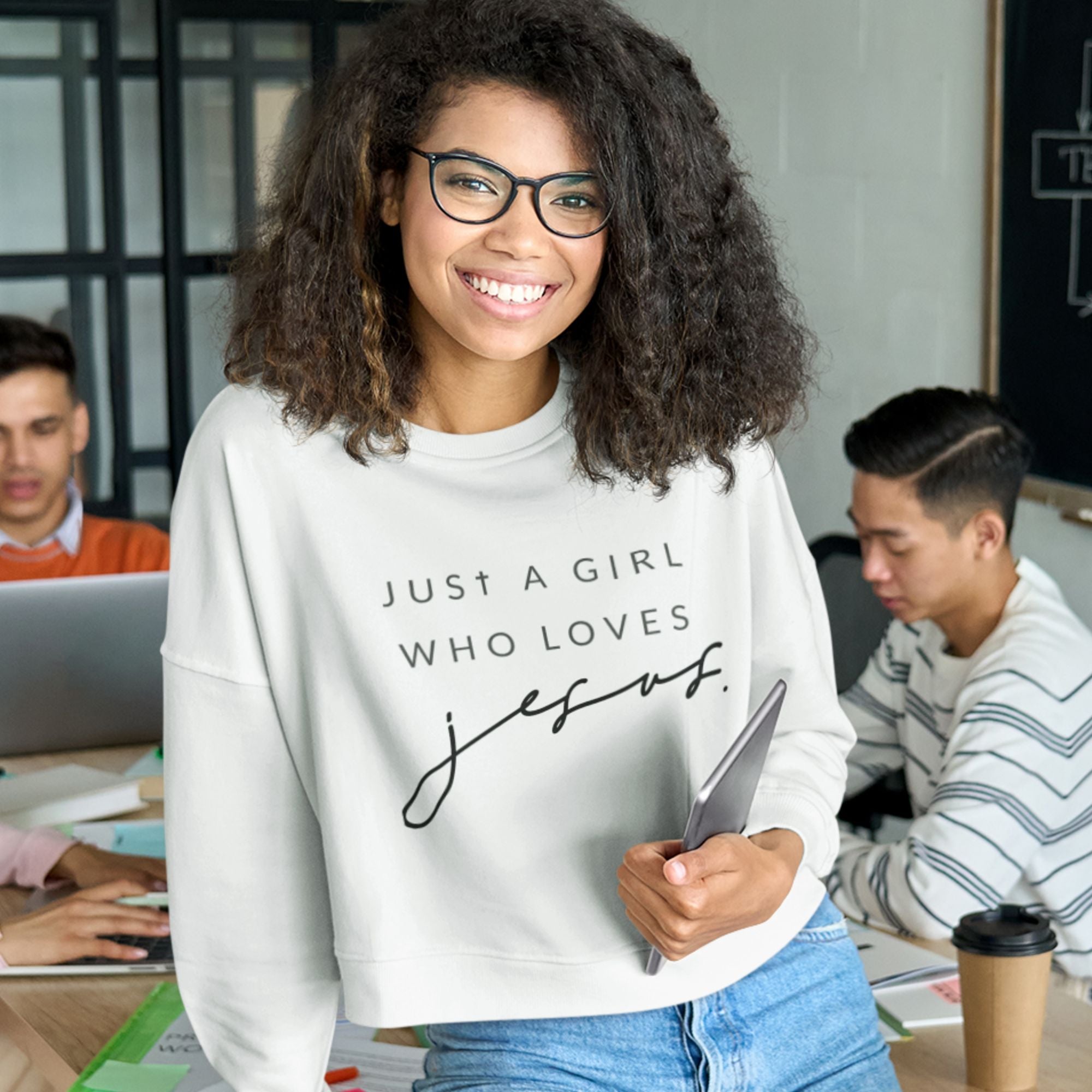 Just a Girl who Loves Jesus Women's Cropped Raglan Pullover Fleece Sweatshirt - White - Jesus Passion Apparel