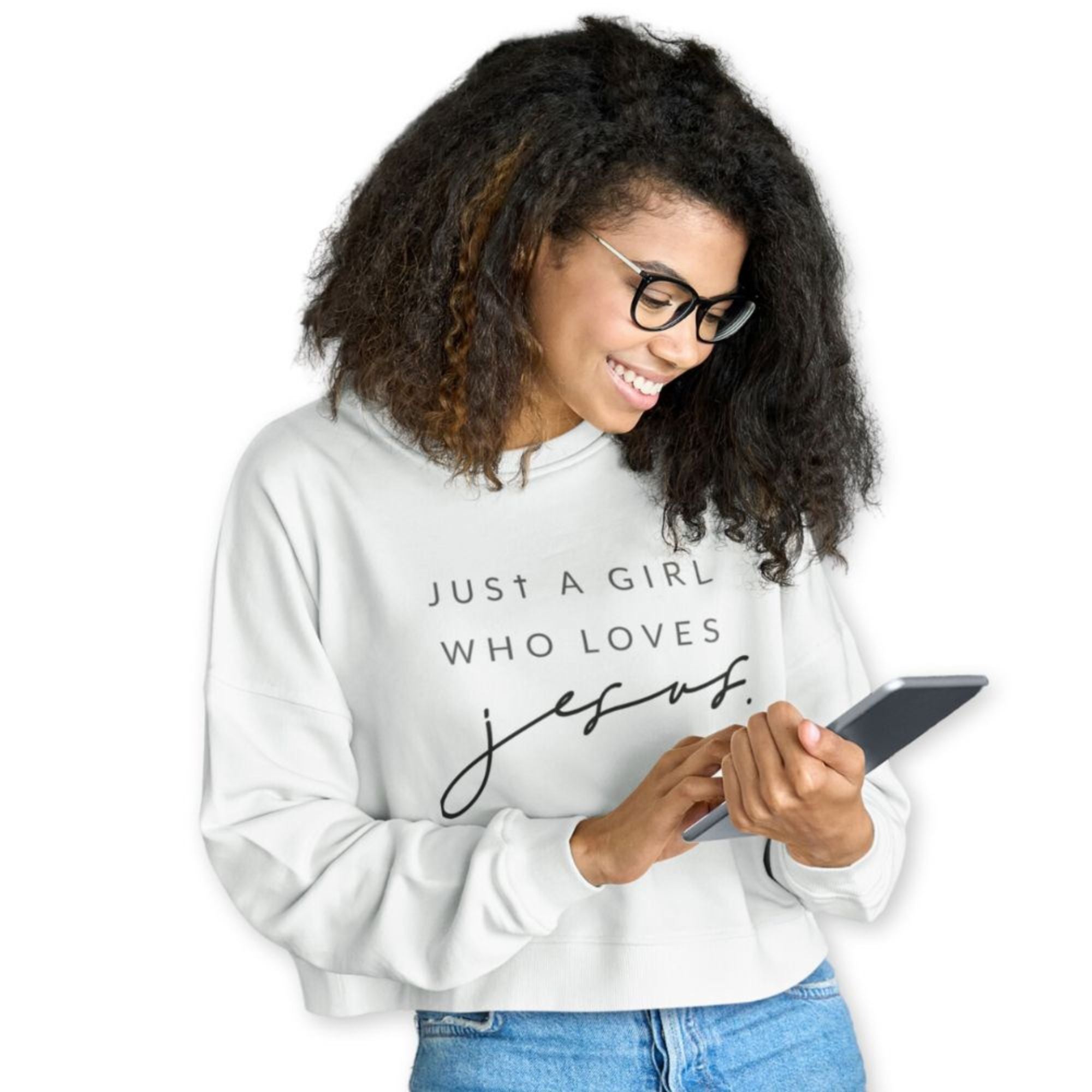 Just a Girl who Loves Jesus Women's Cropped Raglan Pullover Fleece Sweatshirt - White - Jesus Passion Apparel