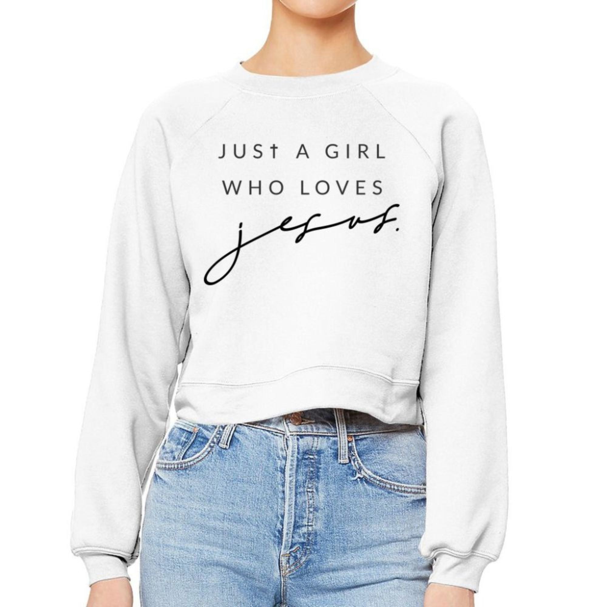 Just a Girl who Loves Jesus Women's Cropped Raglan Pullover Fleece Sweatshirt - White - Jesus Passion Apparel