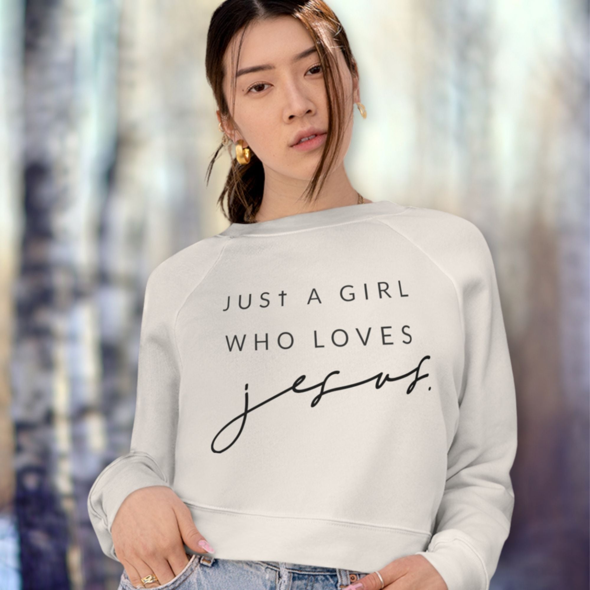 Just a Girl who Loves Jesus Women's Cropped Raglan Pullover Fleece Sweatshirt - White - Jesus Passion Apparel