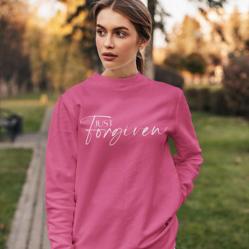 Just Forgiven Women's Fleece Unisex - Fit Sweatshirt Navy / Pink Heliconia - Jesus Passion Apparel