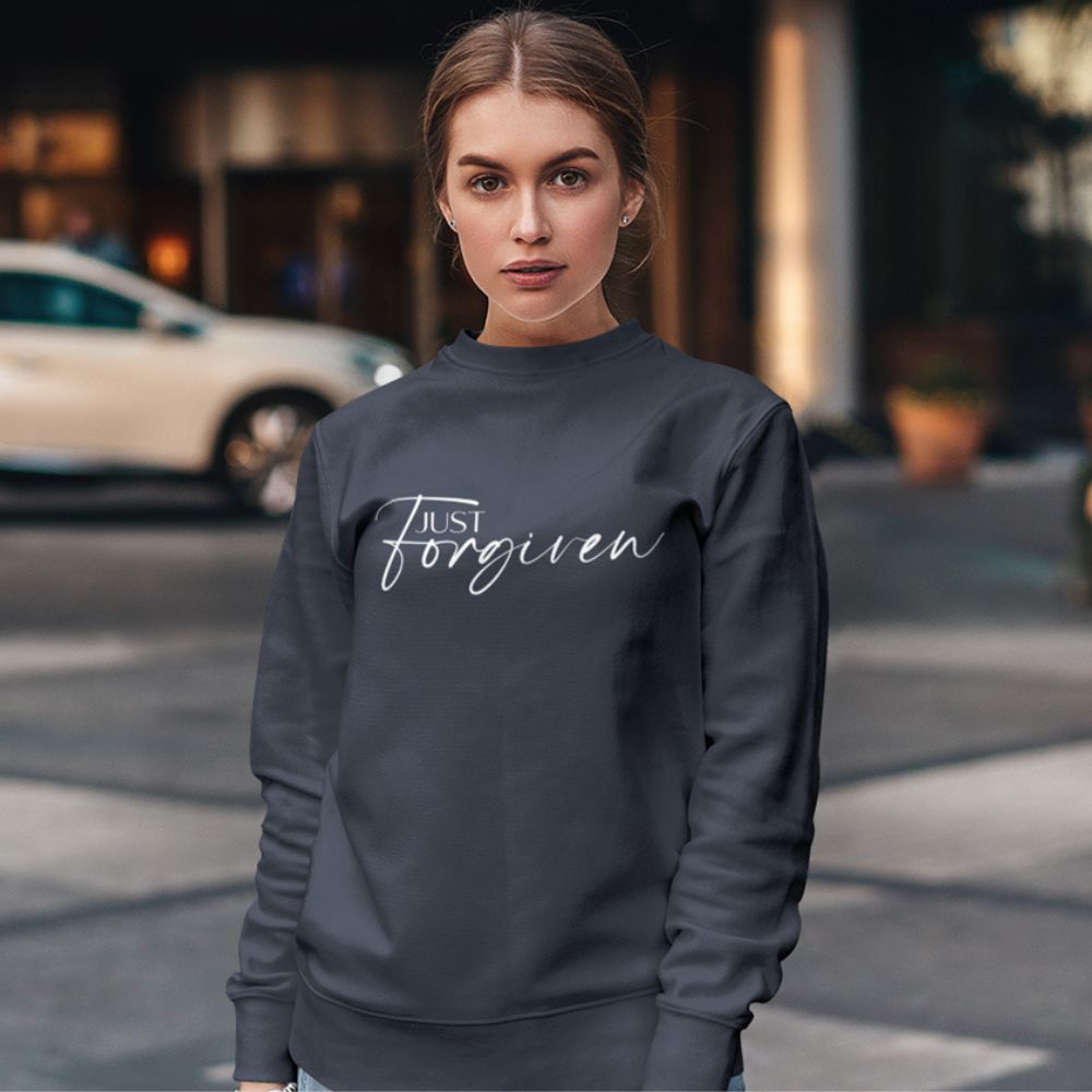 Just Forgiven Women's Fleece Unisex - Fit Sweatshirt Navy / Pink Heliconia - Jesus Passion Apparel