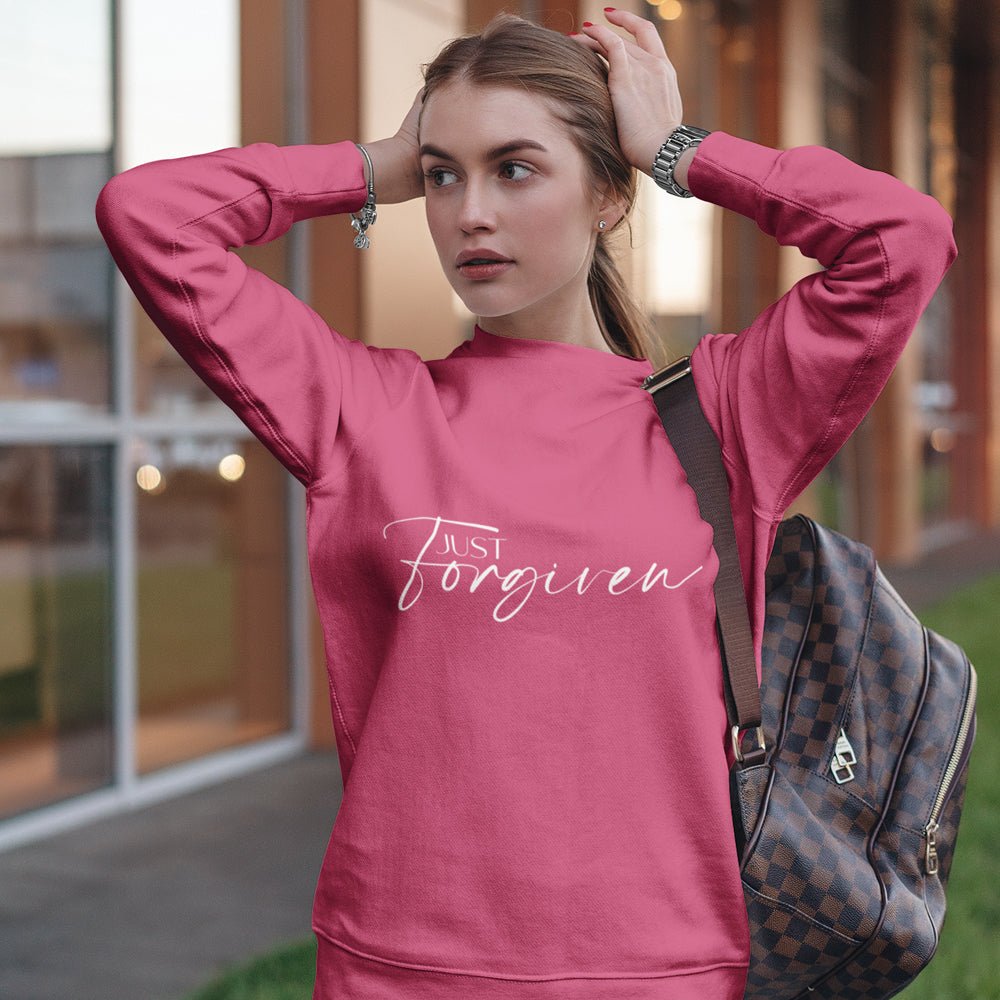 Just Forgiven Women's Fleece Unisex - Fit Sweatshirt Navy / Pink Heliconia - Jesus Passion Apparel