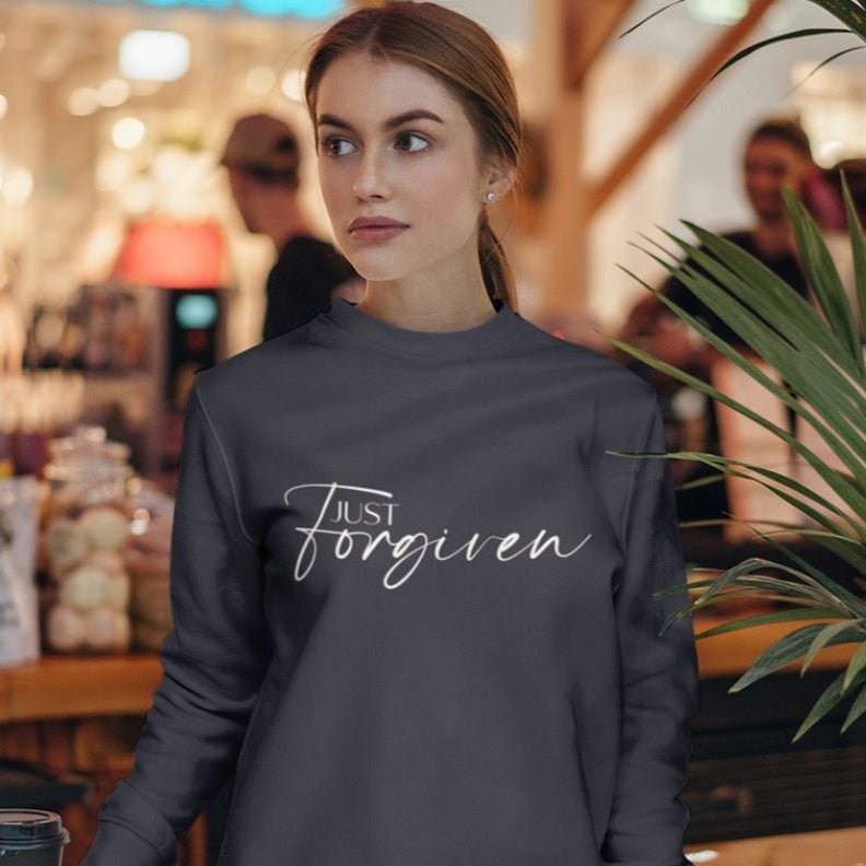 Just Forgiven Women's Fleece Unisex - Fit Sweatshirt Navy / Pink Heliconia - Jesus Passion Apparel