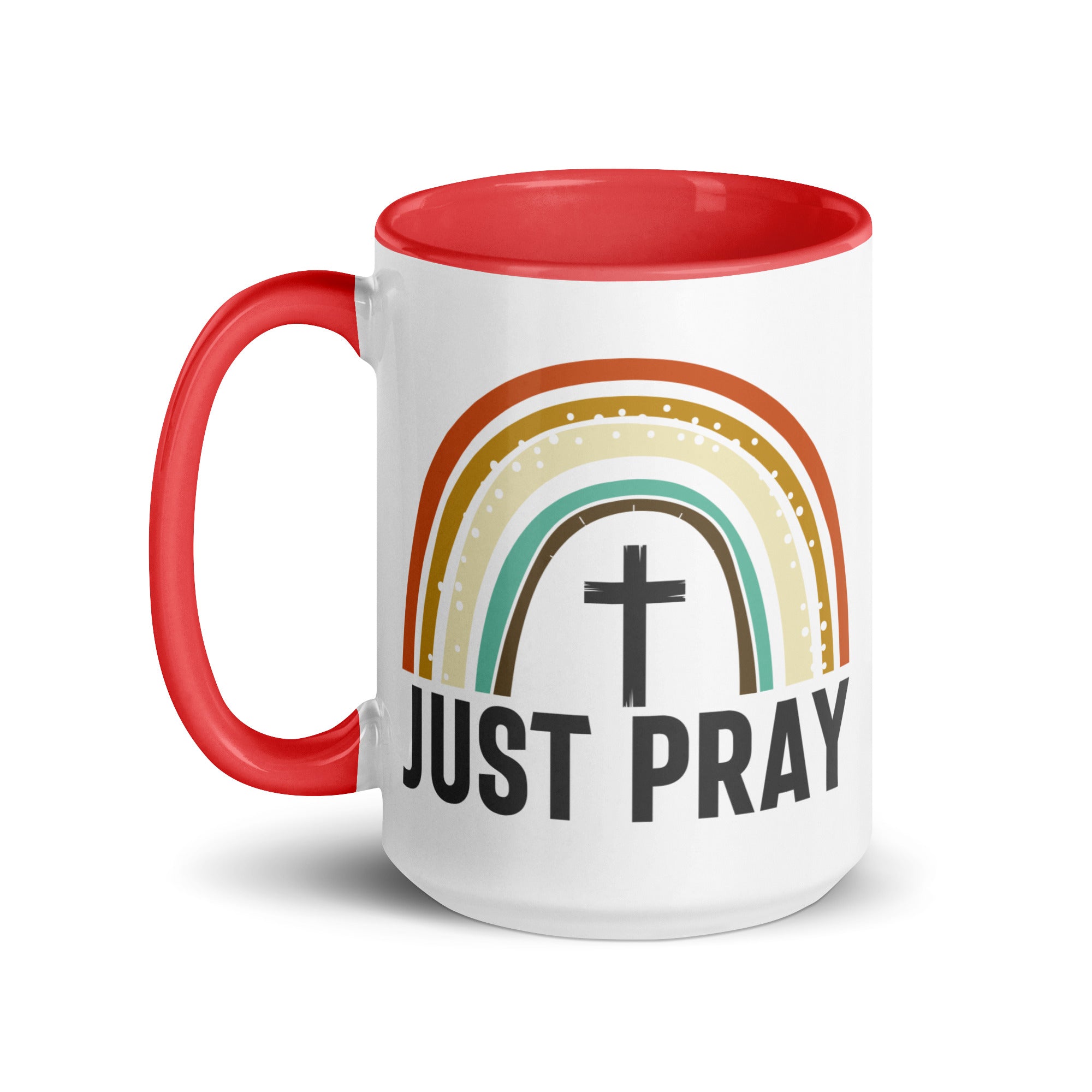 Just Pray Rainbow 15 oz Mug with Color Inside - Black, Red, or Green - Jesus Passion Apparel