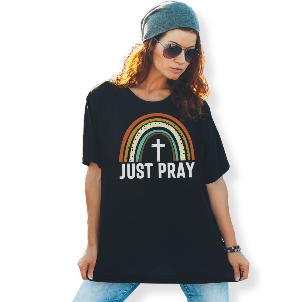 Just Pray Rainbow Jersey Short Sleeve T-Shirt - Matching Tote Available - Jesus Passion Apparel