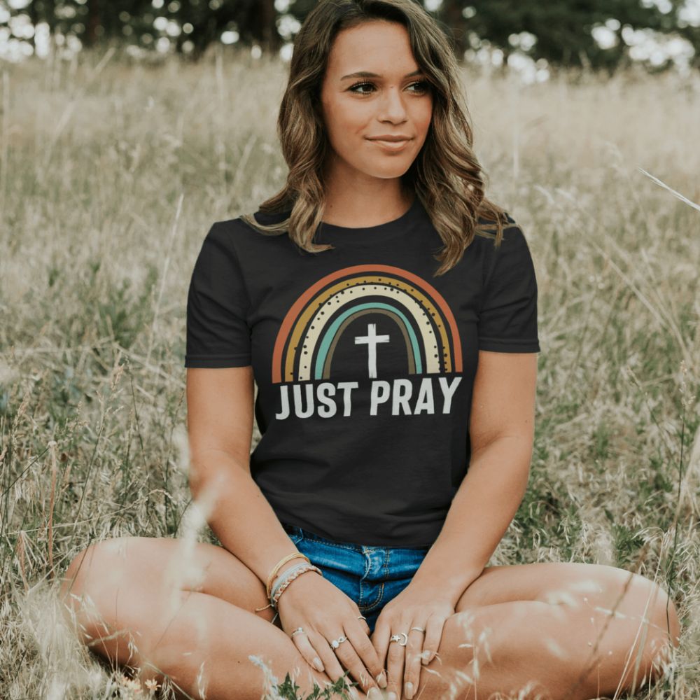 Just Pray Rainbow Jersey Short Sleeve T-Shirt - Matching Tote Available - Jesus Passion Apparel