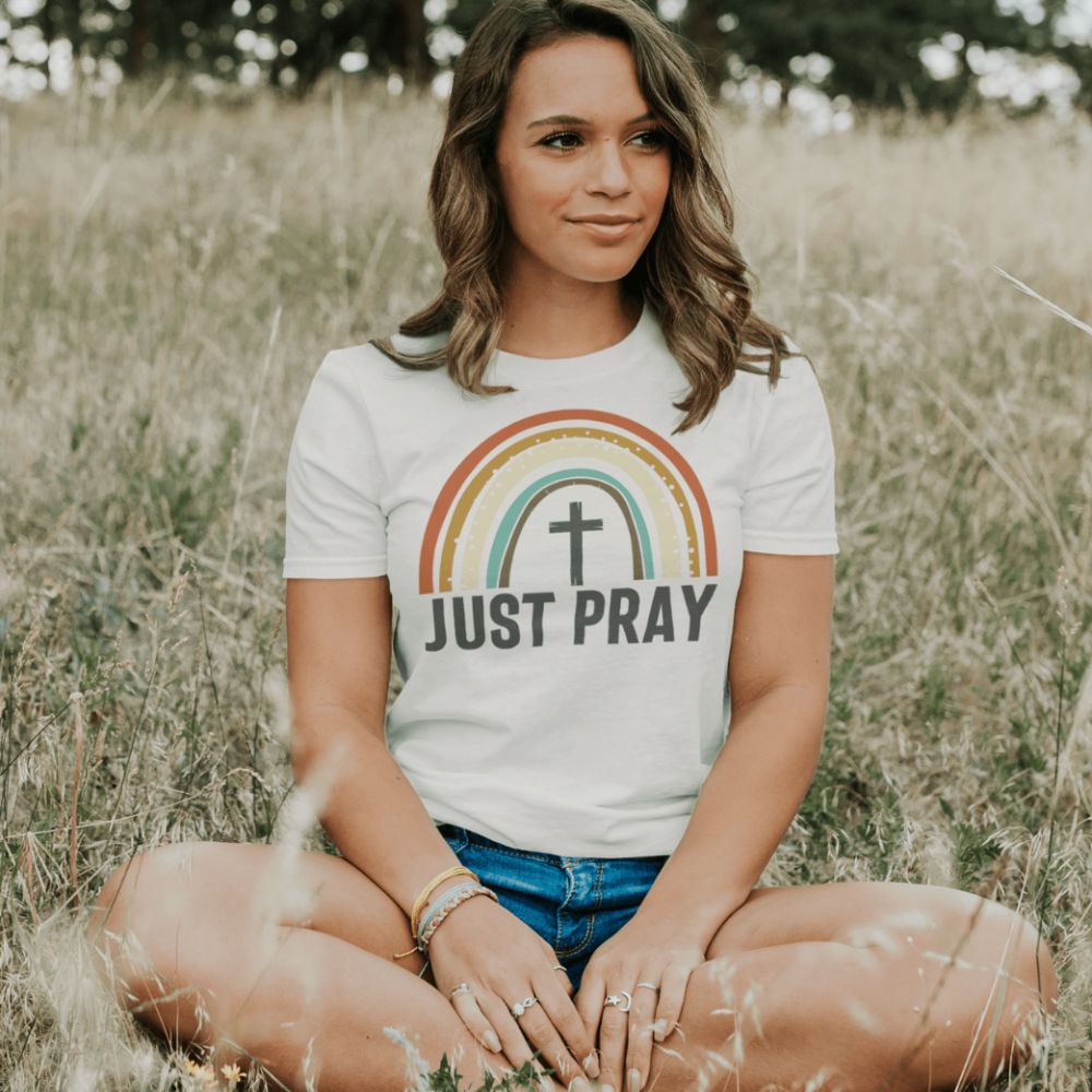 Just Pray Rainbow Jersey Short Sleeve T-Shirt - Matching Tote Available - Jesus Passion Apparel