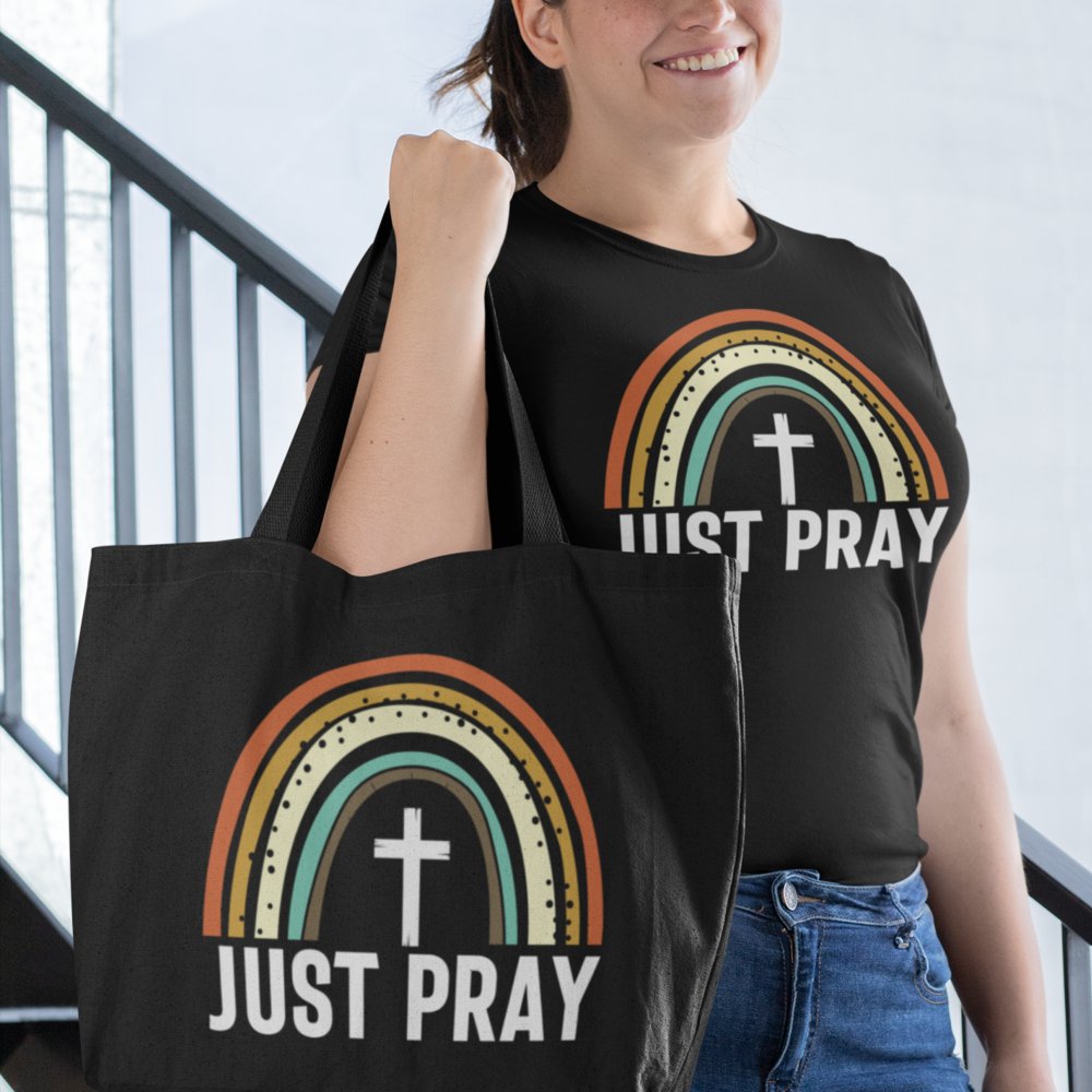 Just Pray Rainbow Jersey Short Sleeve T-Shirt - Matching Tote Available - Jesus Passion Apparel