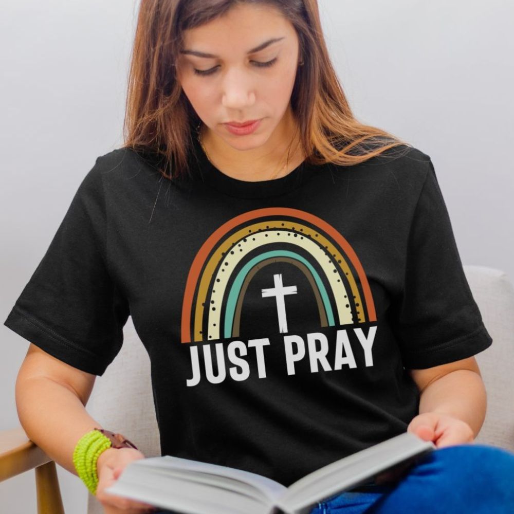 Just Pray Rainbow Jersey Short Sleeve T-Shirt - Matching Tote Available - Jesus Passion Apparel