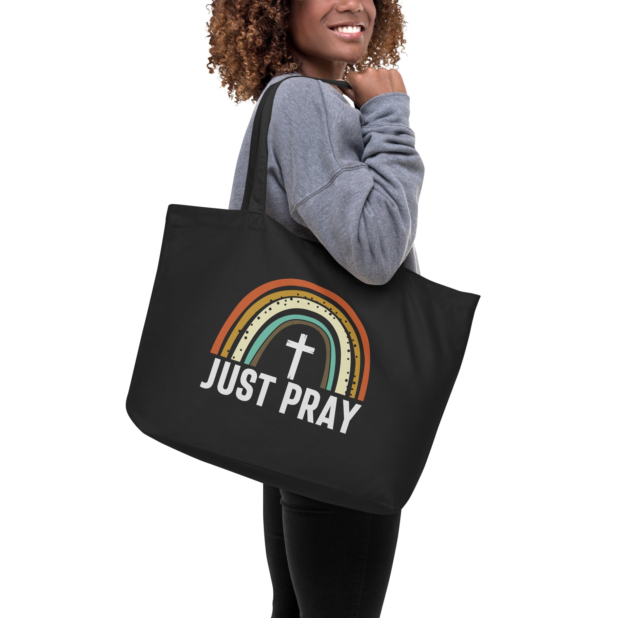 Just Pray Rainbow Large Organic Tote Bag - Design on Both Sides - Jesus Passion Apparel