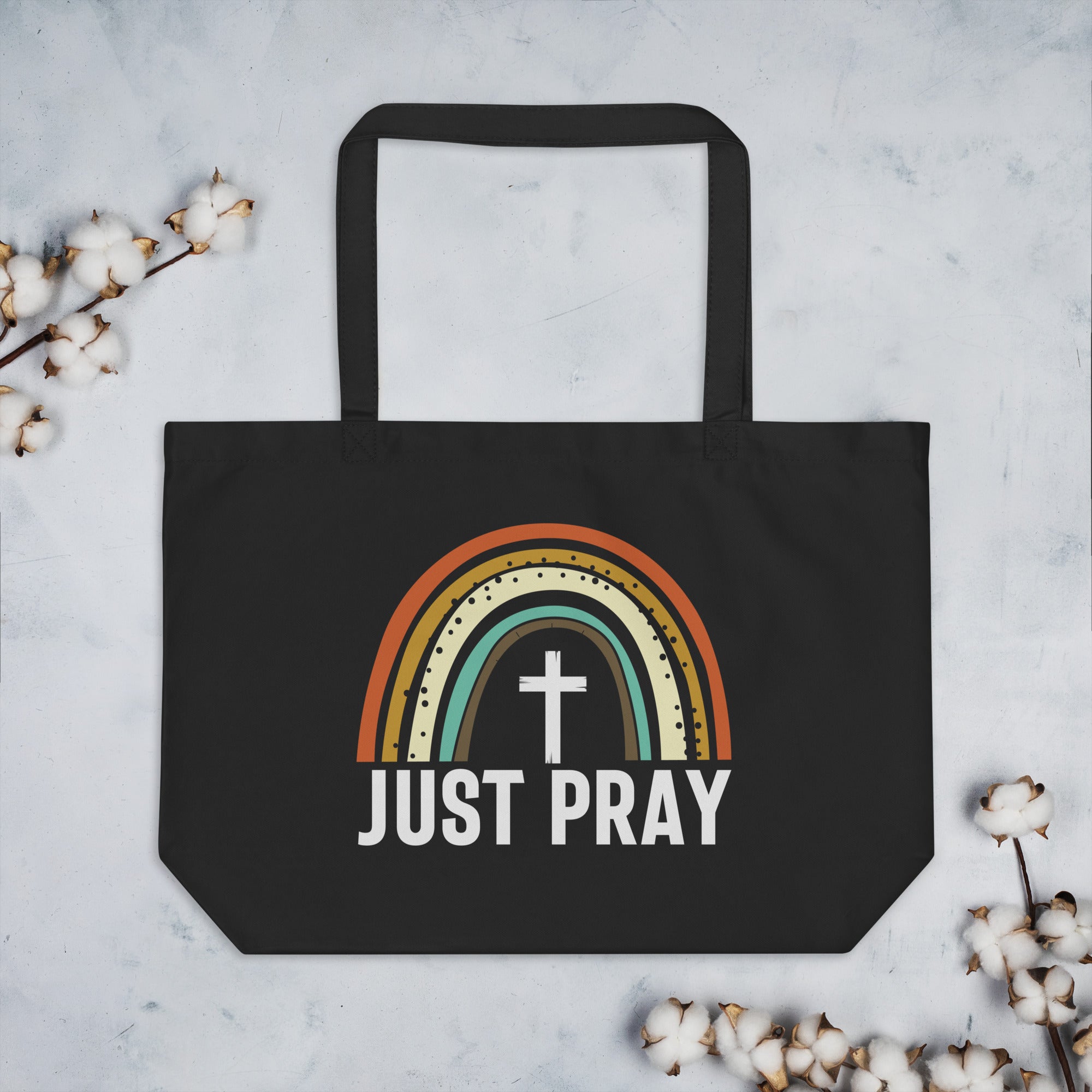 Just Pray Rainbow Large Organic Tote Bag - Design on Both Sides - Jesus Passion Apparel