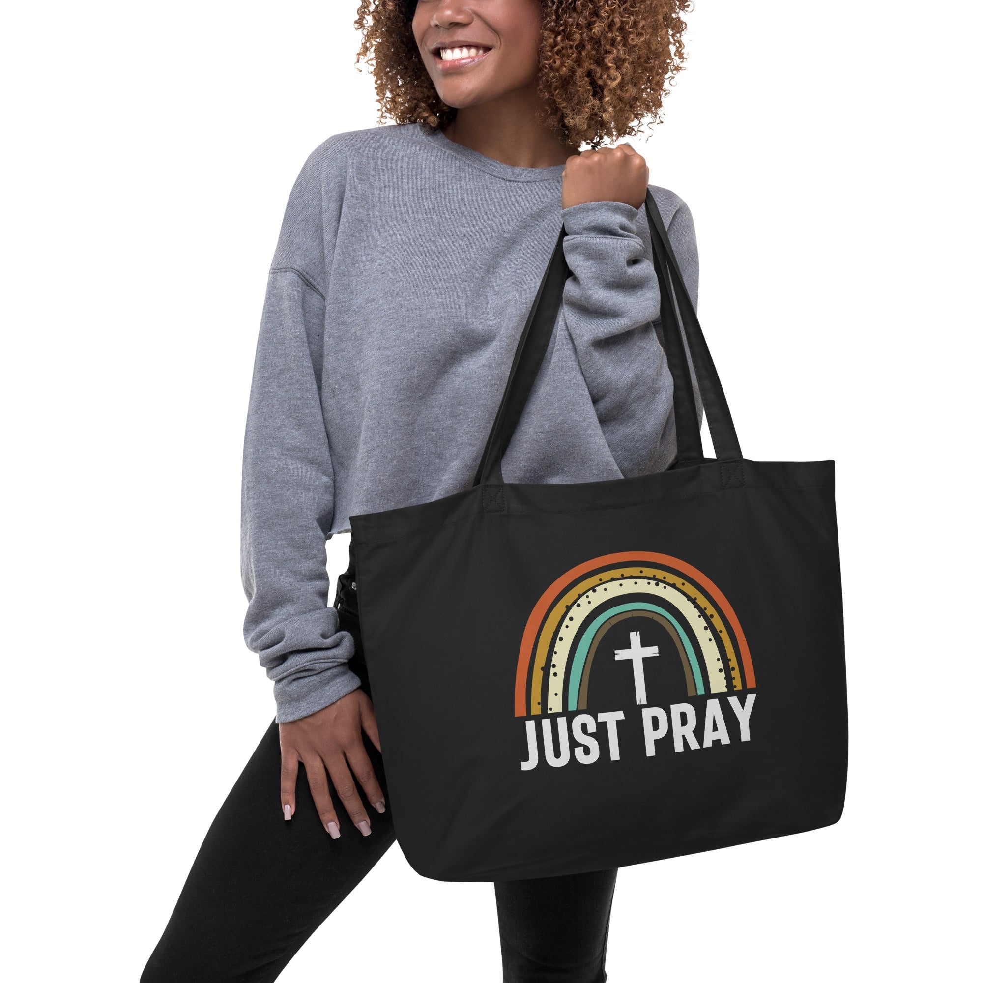 Just Pray Rainbow Large Organic Tote Bag - Design on Both Sides - Jesus Passion Apparel