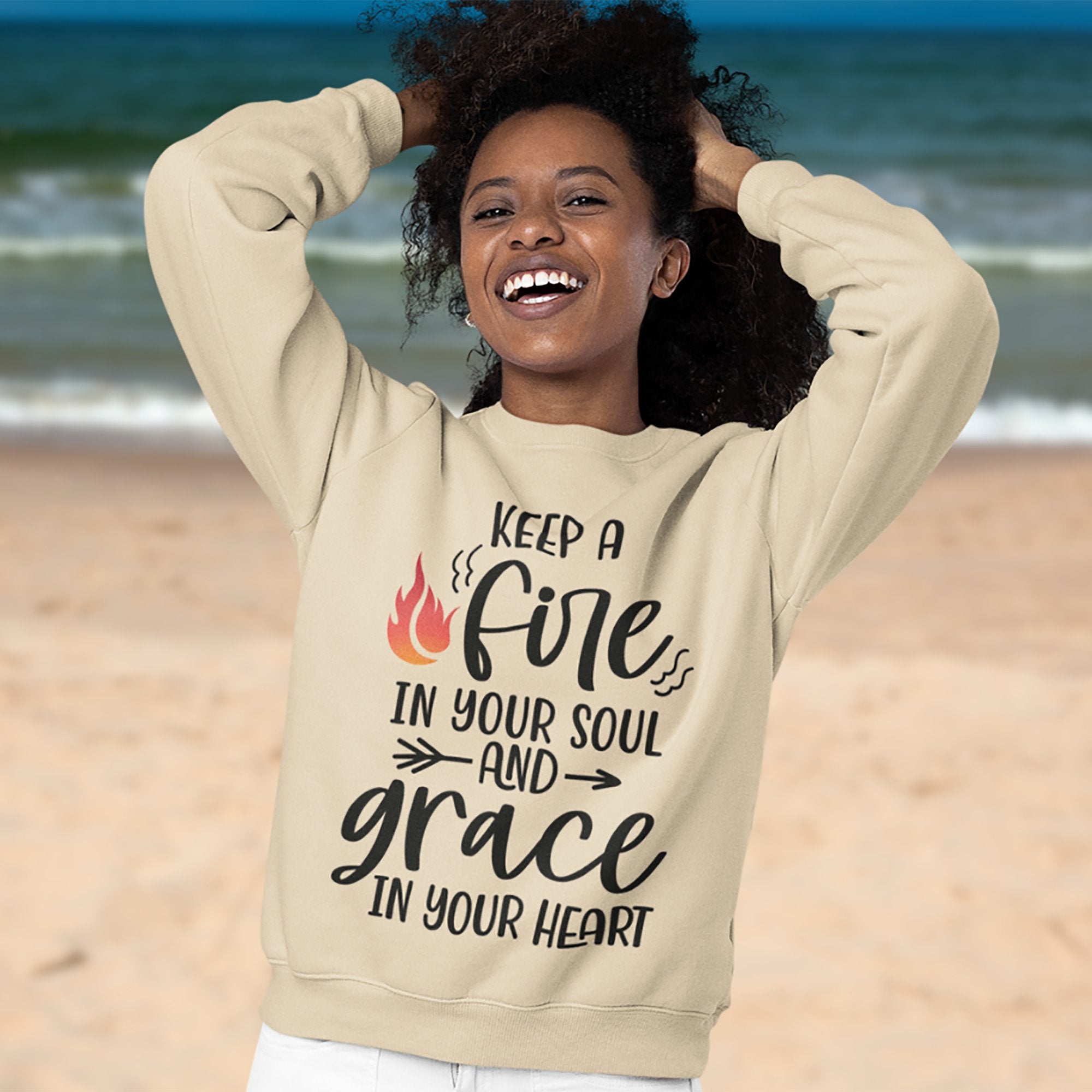 Keep a Fire and Grace Women's Fleece Unisex - Fit Sweatshirt Sand / White - Jesus Passion Apparel