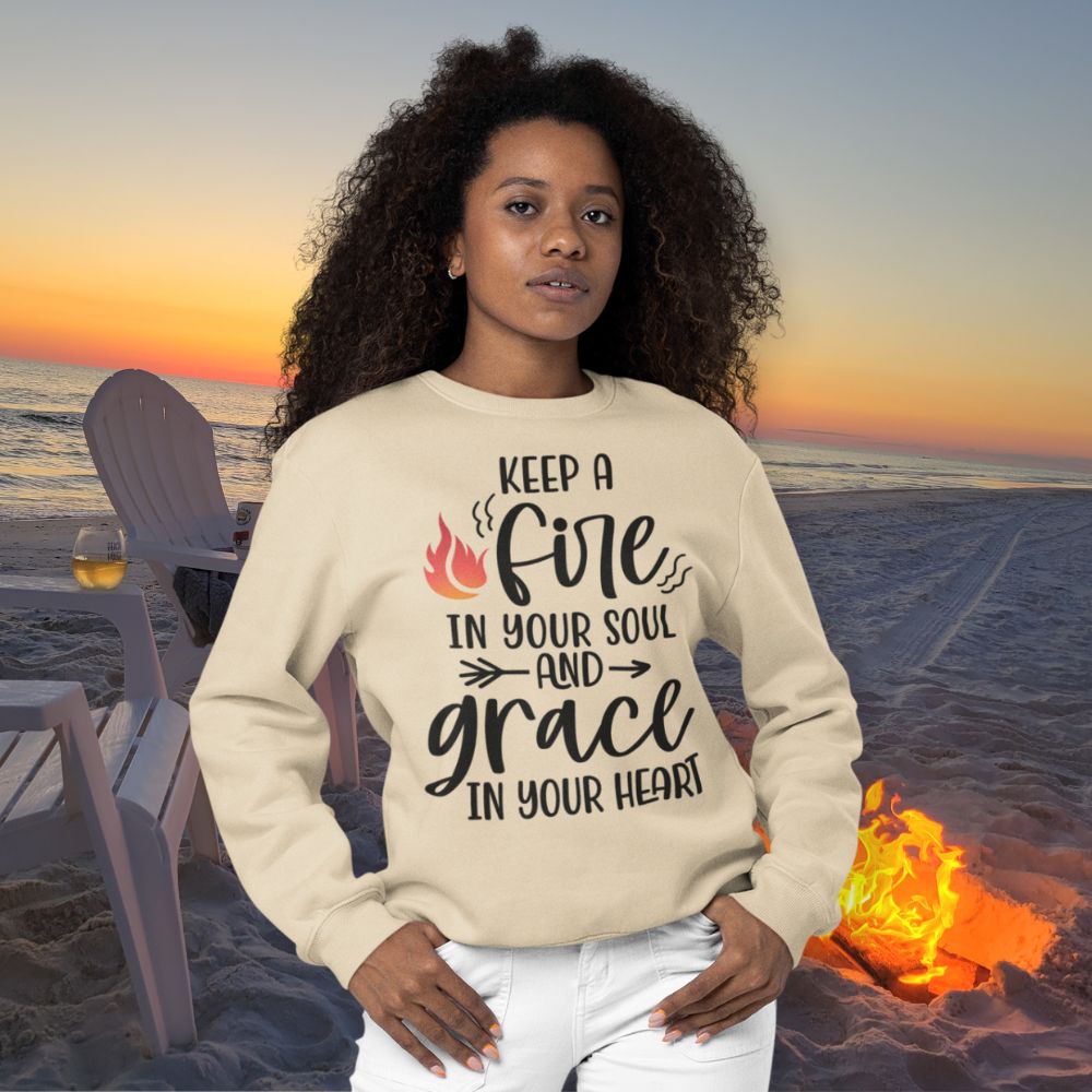 Keep a Fire and Grace Women's Fleece Unisex - Fit Sweatshirt Sand / White - Jesus Passion Apparel