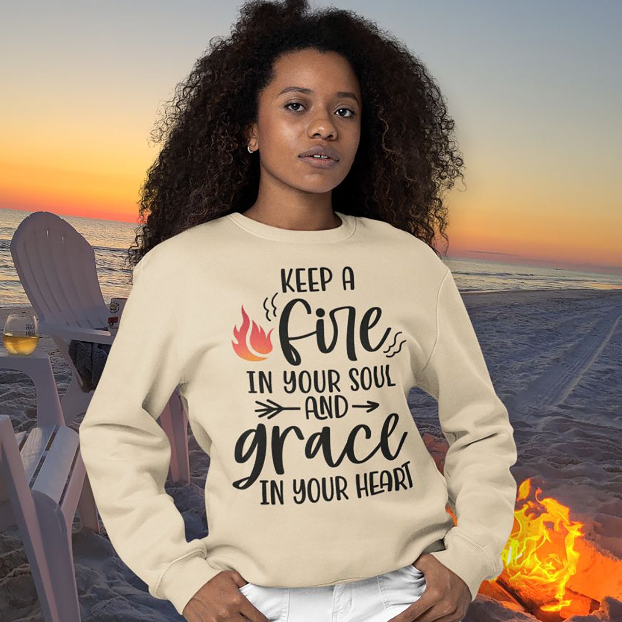 Keep a Fire and Grace Women's Fleece Unisex - Fit Sweatshirt Sand / White - Jesus Passion Apparel