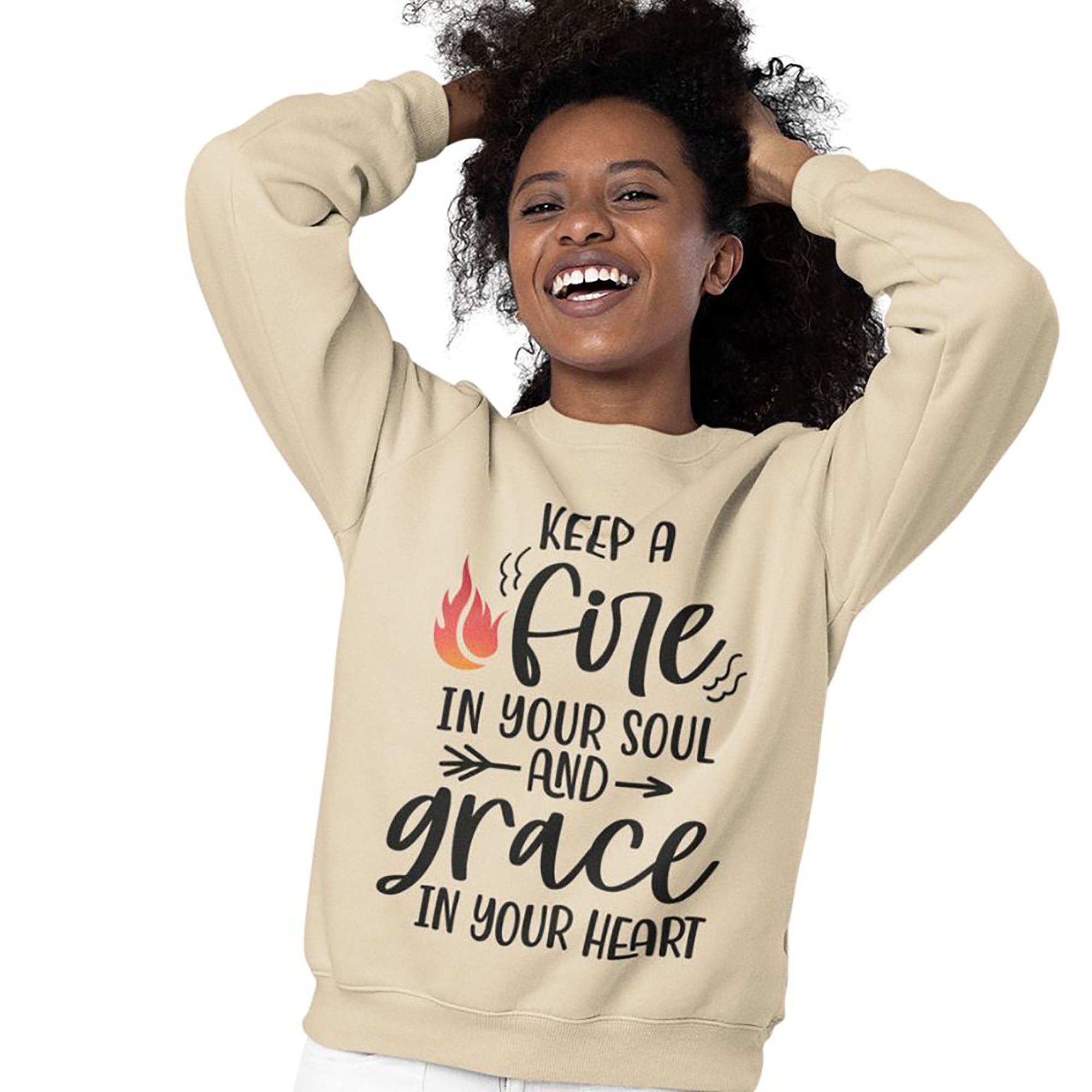 Keep a Fire and Grace Women's Fleece Unisex - Fit Sweatshirt Sand / White - Jesus Passion Apparel