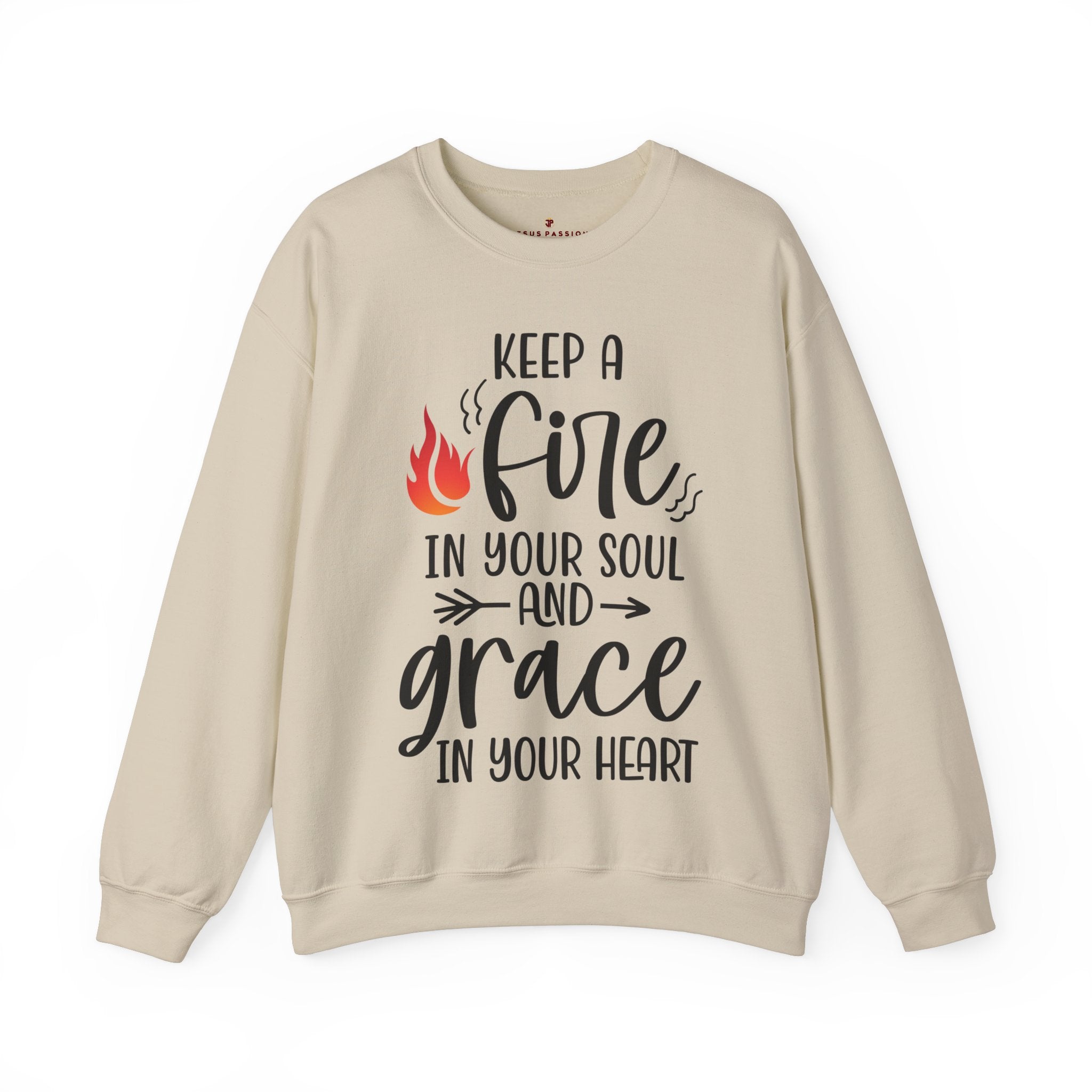 Keep a Fire and Grace Women's Fleece Unisex - Fit Sweatshirt Sand / White - Jesus Passion Apparel