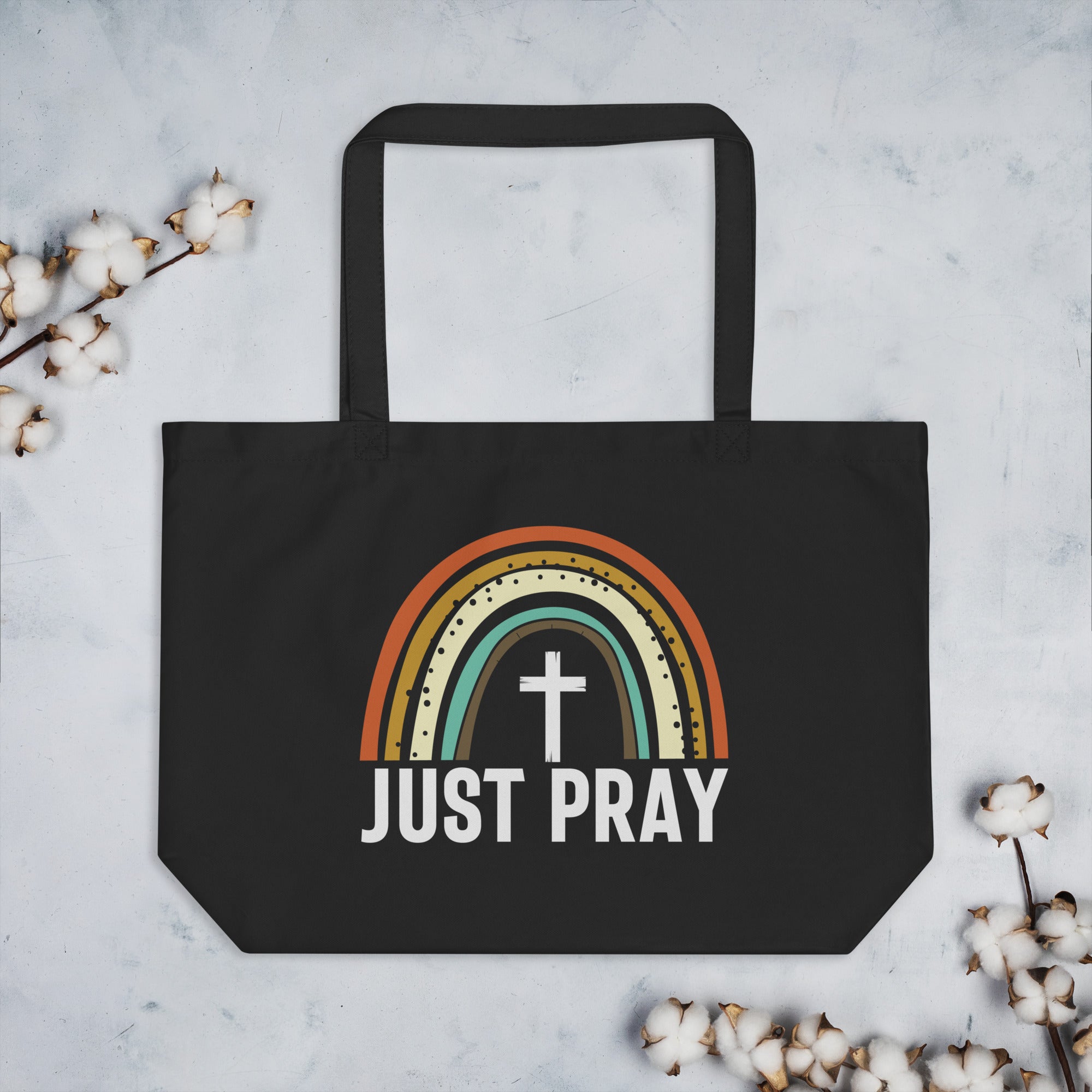 Just Pray Rainbow Large Organic Tote Bag - Design on Both Sides Color: Oyster Jesus Passion Apparel