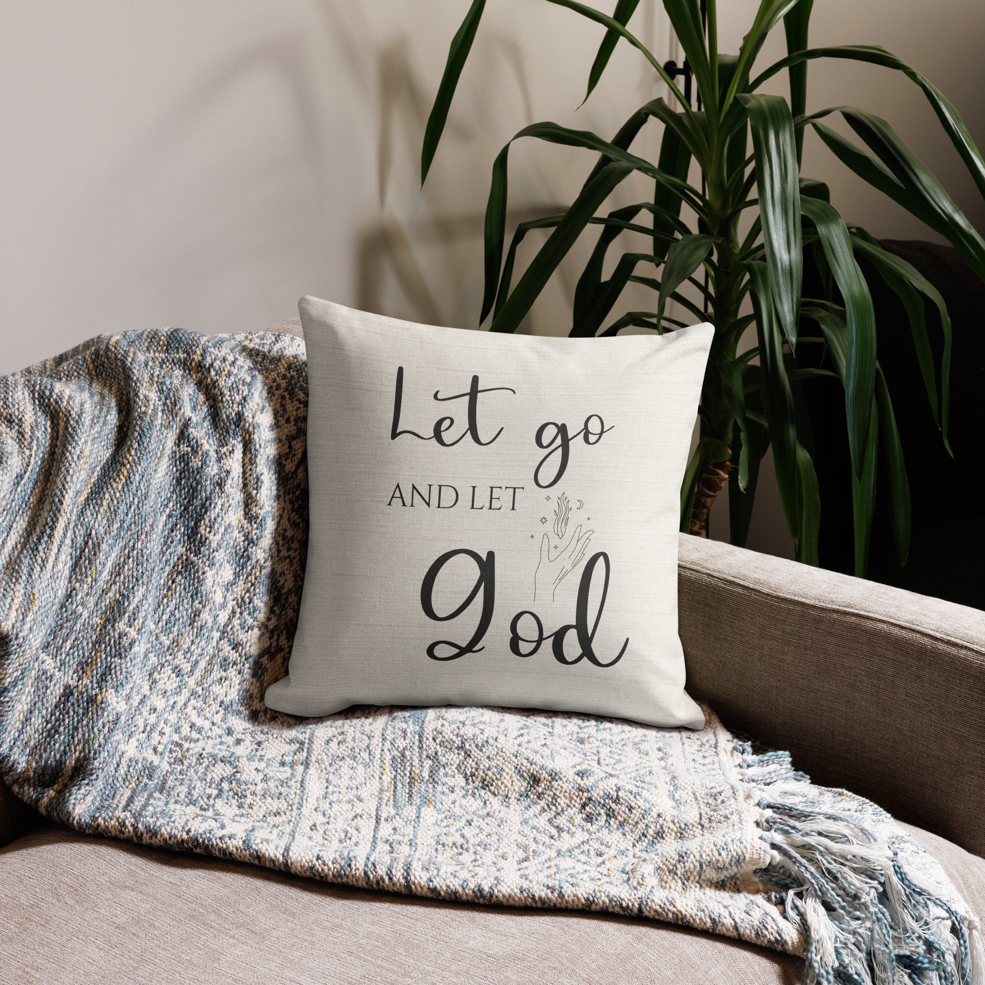 Let Go and Let God Script with Natural Linen Design Premium Pillows - Jesus Passion Apparel