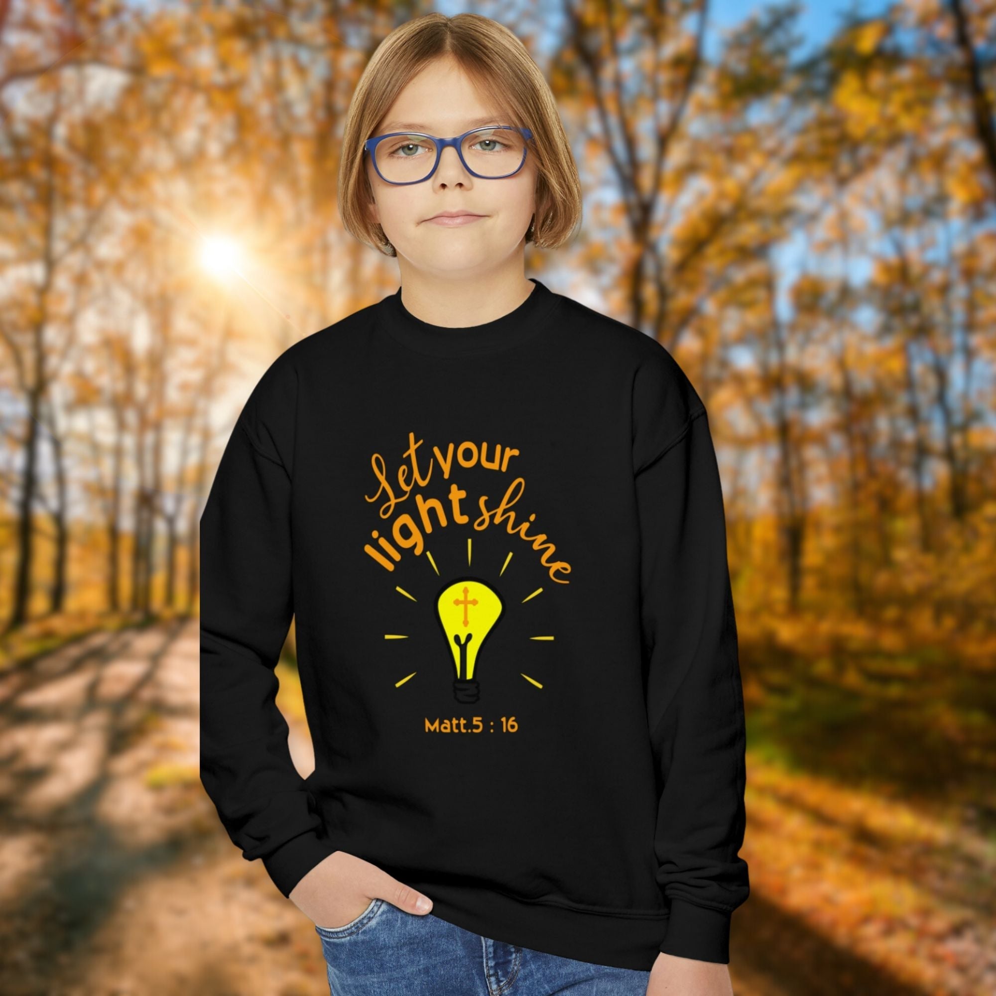 Let Your Light Shine Lightbulb Youth Unisex Crewneck Sweatshirt - Jesus Passion Apparel