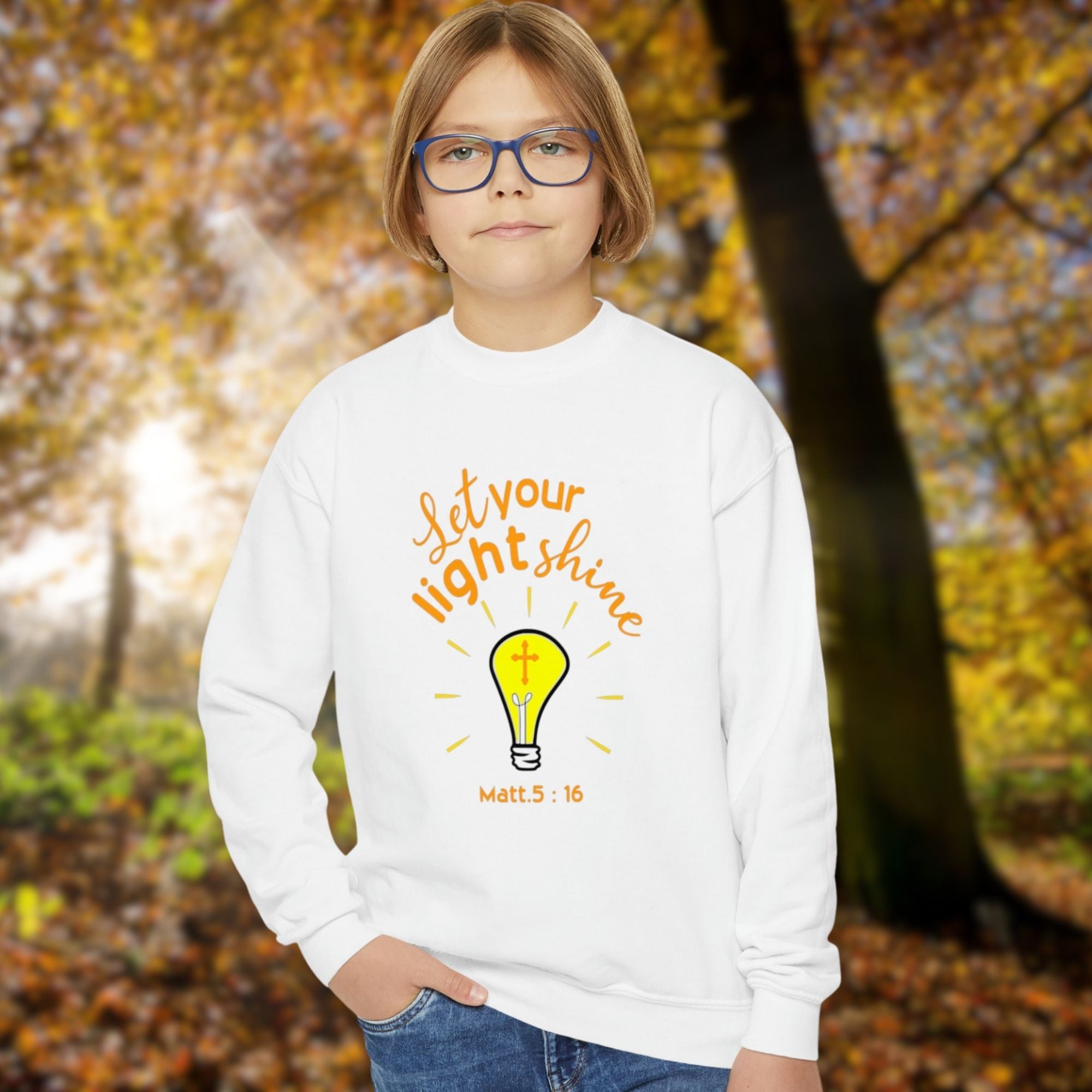 Let Your Light Shine Lightbulb Youth Unisex Crewneck Sweatshirt - Jesus Passion Apparel