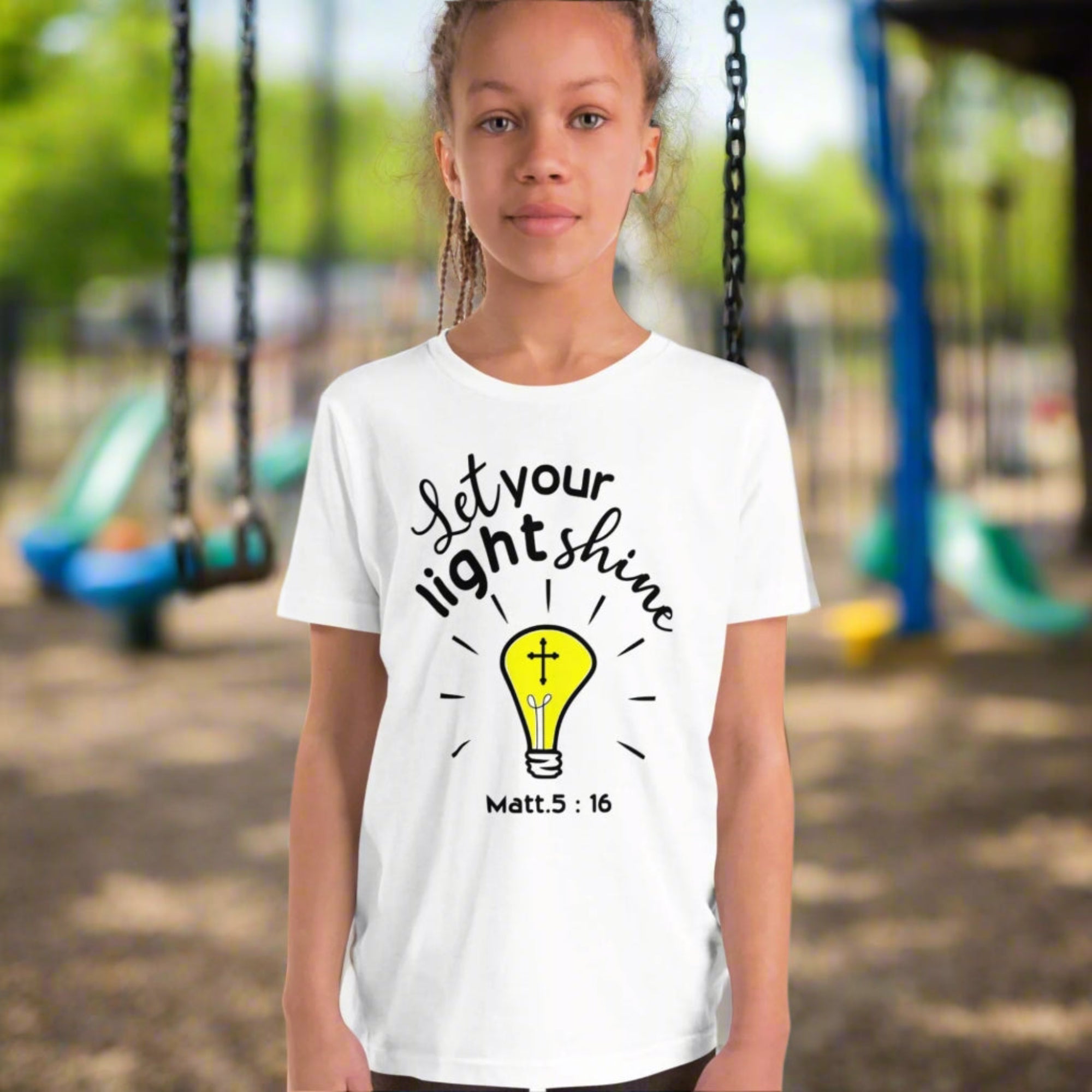 let your light shine youth-staple-tee-white-front JP Apparel