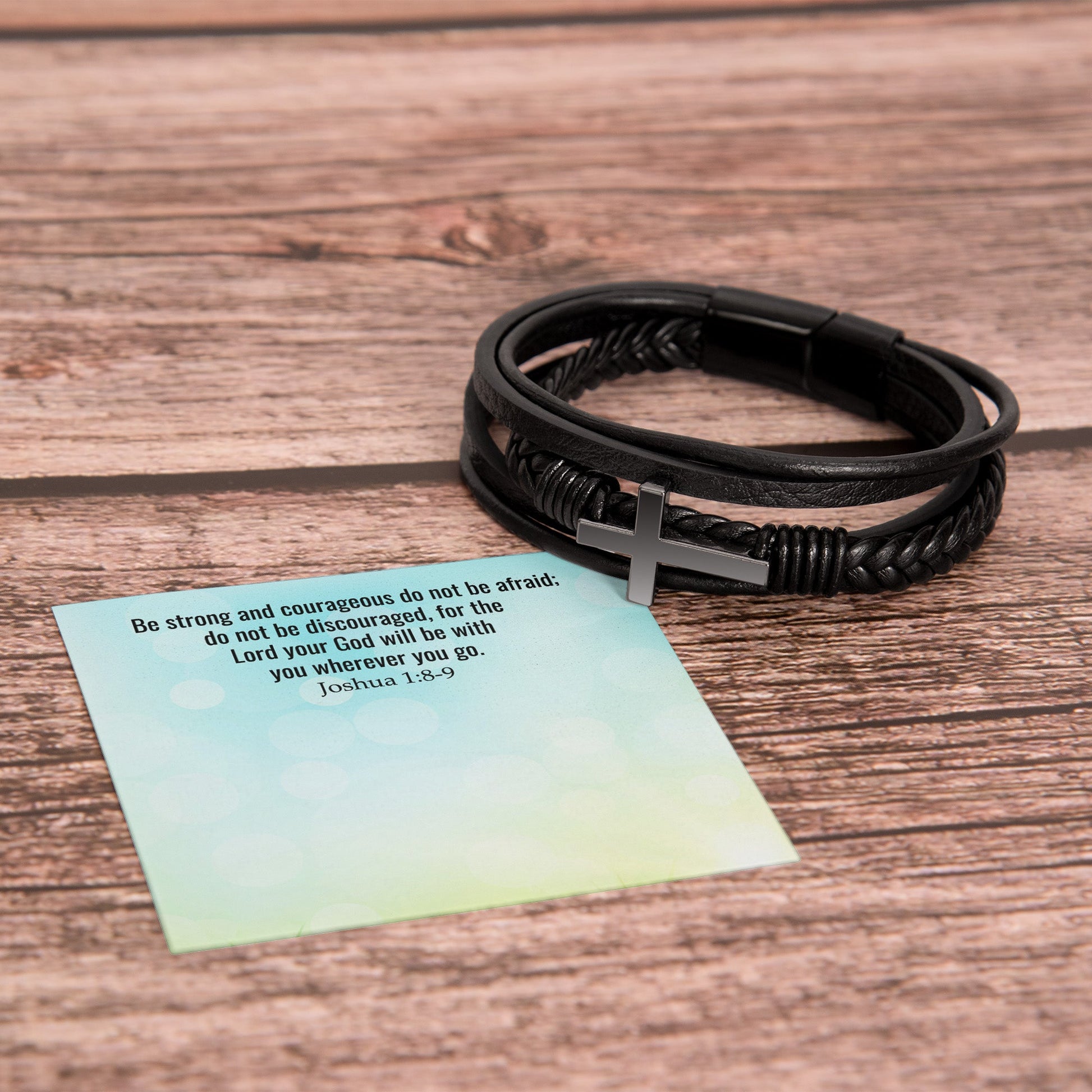 Lord Your God Will Be With You - Men's Cross and Black Braided Rope Bracelet - Jesus Passion Apparel