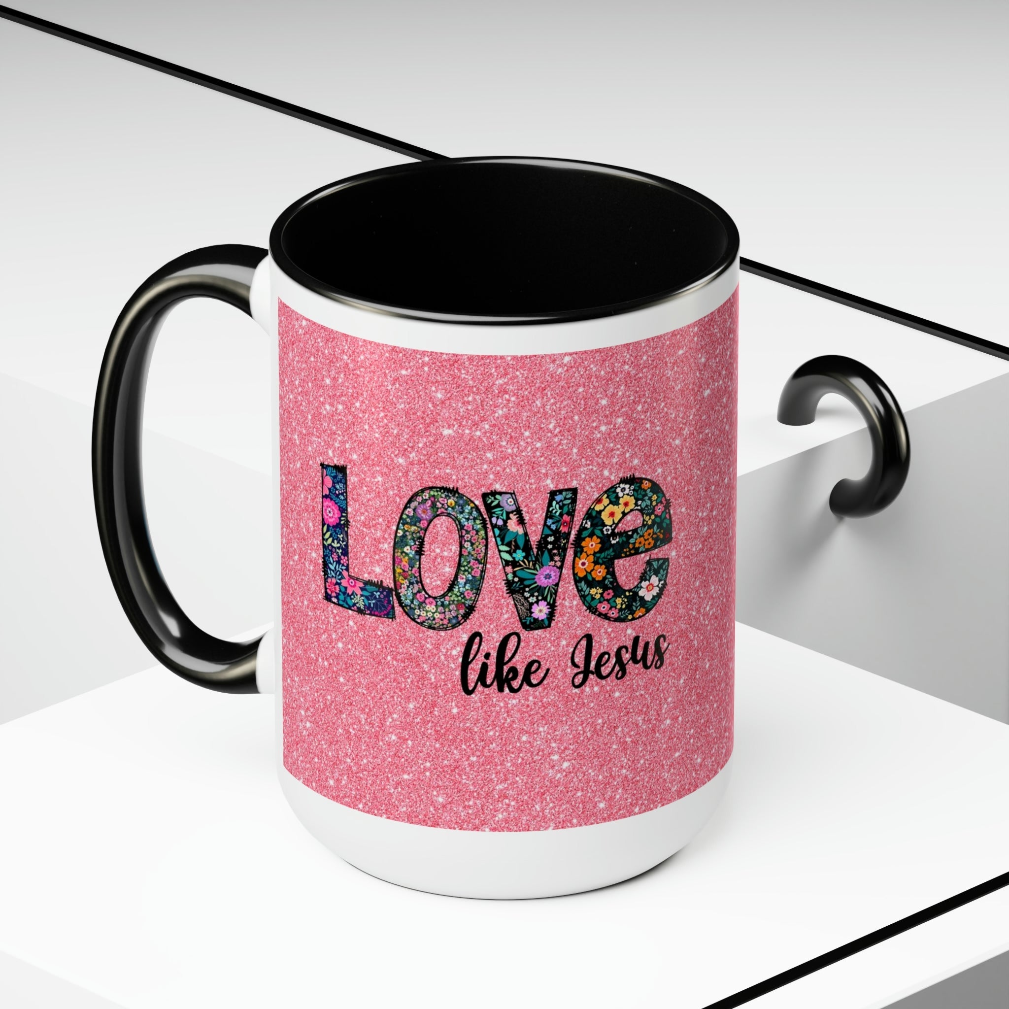 Love Like Jesus Blue, Pink or Black and White Two - Tone Coffee Mug, 15oz - Jesus Passion Apparel