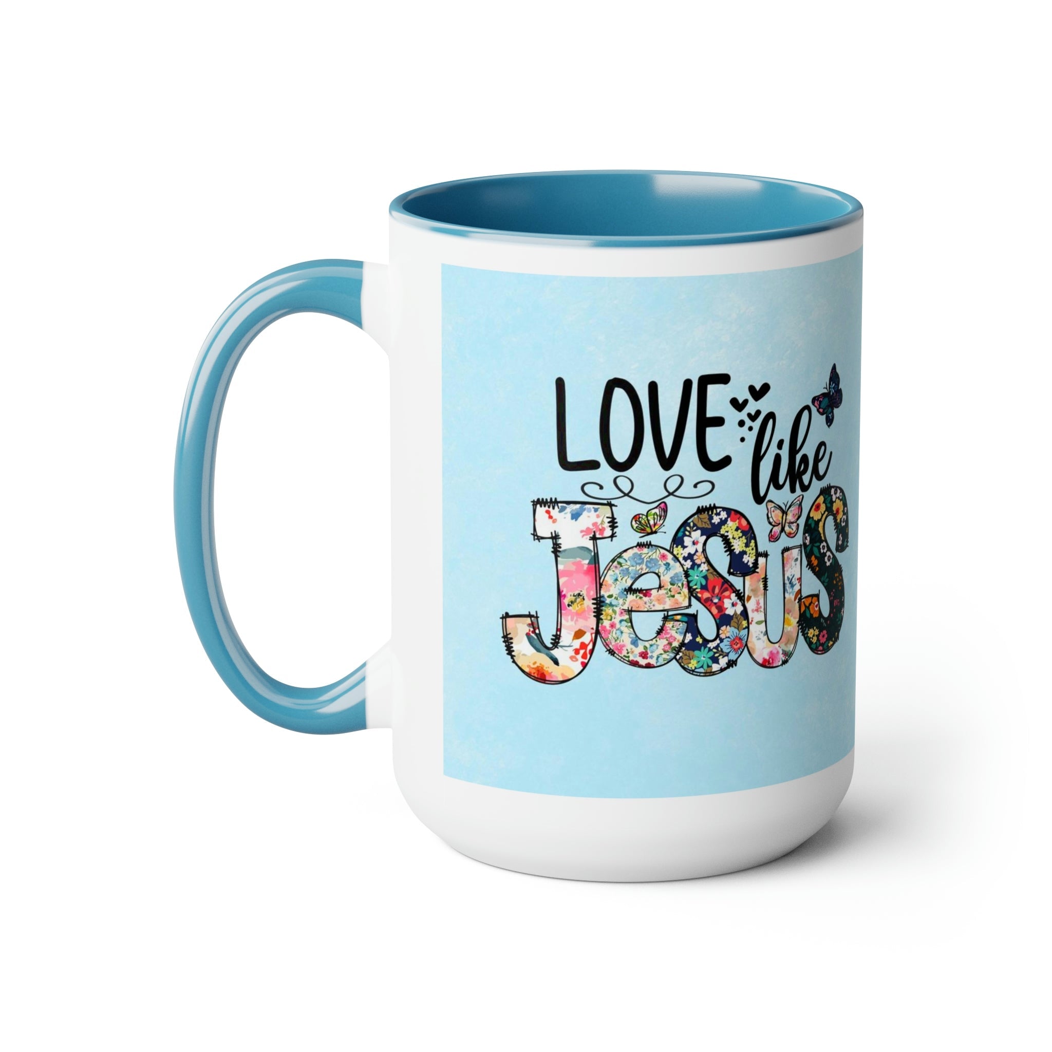 Love Like Jesus Light Blue and White Two - Tone Coffee Mug, 15oz - Jesus Passion Apparel