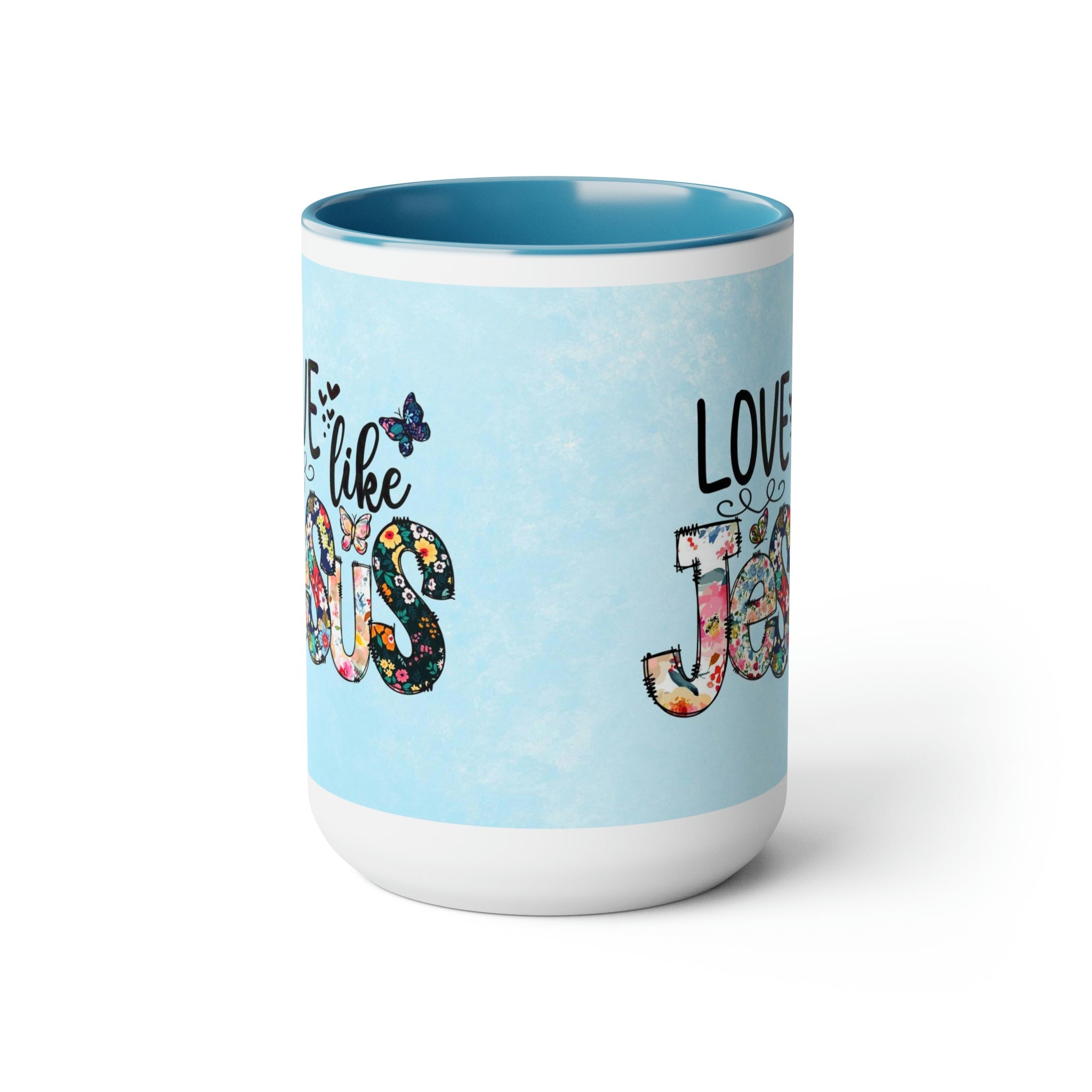 Love Like Jesus Light Blue and White Two - Tone Coffee Mug, 15oz - Jesus Passion Apparel