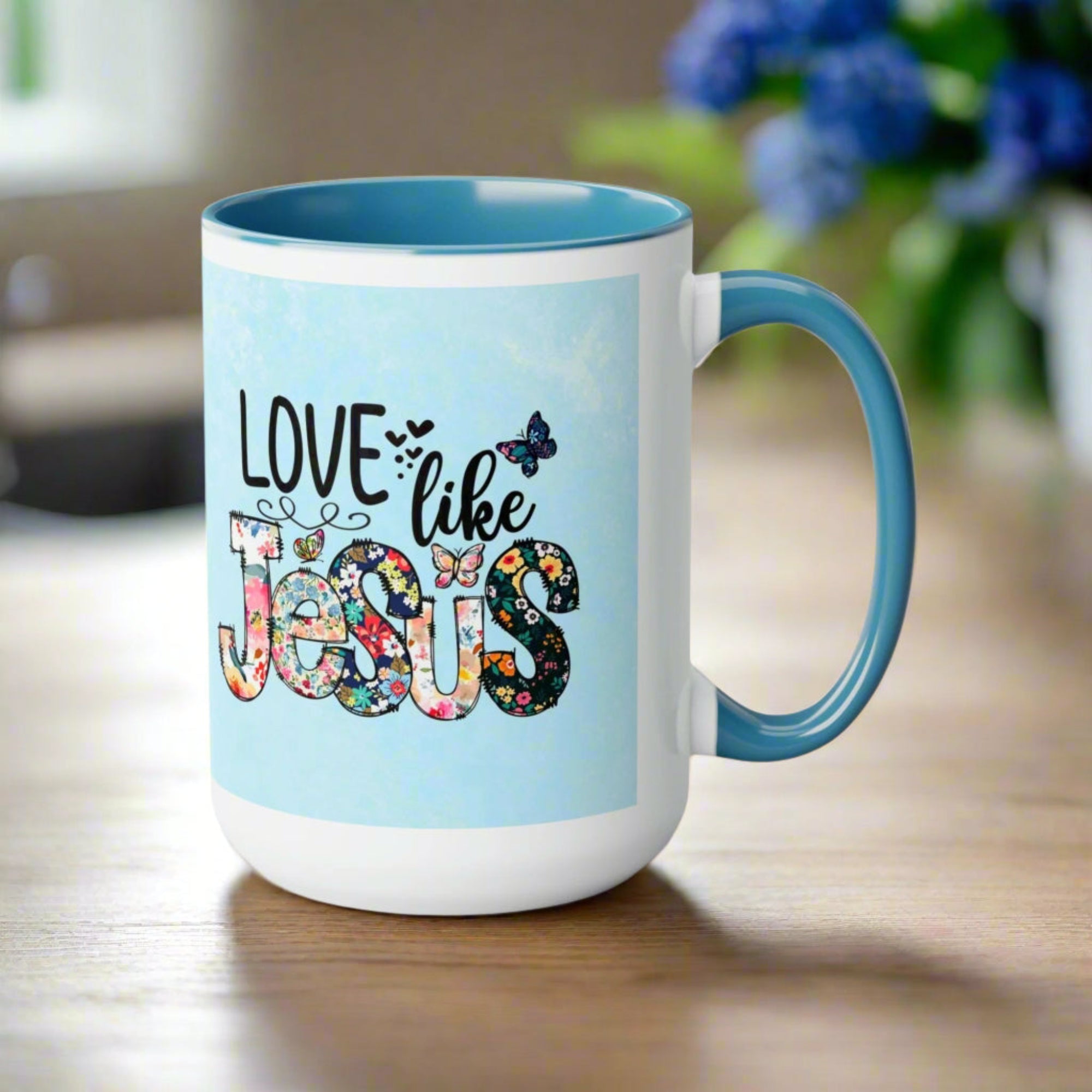 Love Like Jesus Light Blue and White Two - Tone Coffee Mug, 15oz - Jesus Passion Apparel