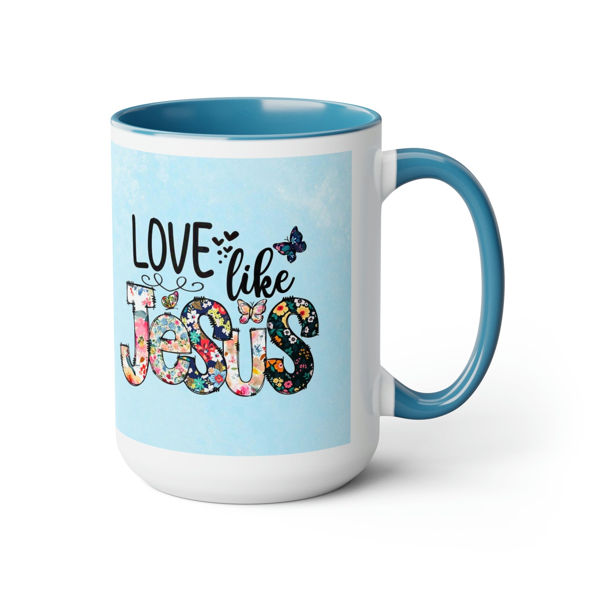 Love Like Jesus Light Blue and White Two - Tone Coffee Mug, 15oz - Jesus Passion Apparel