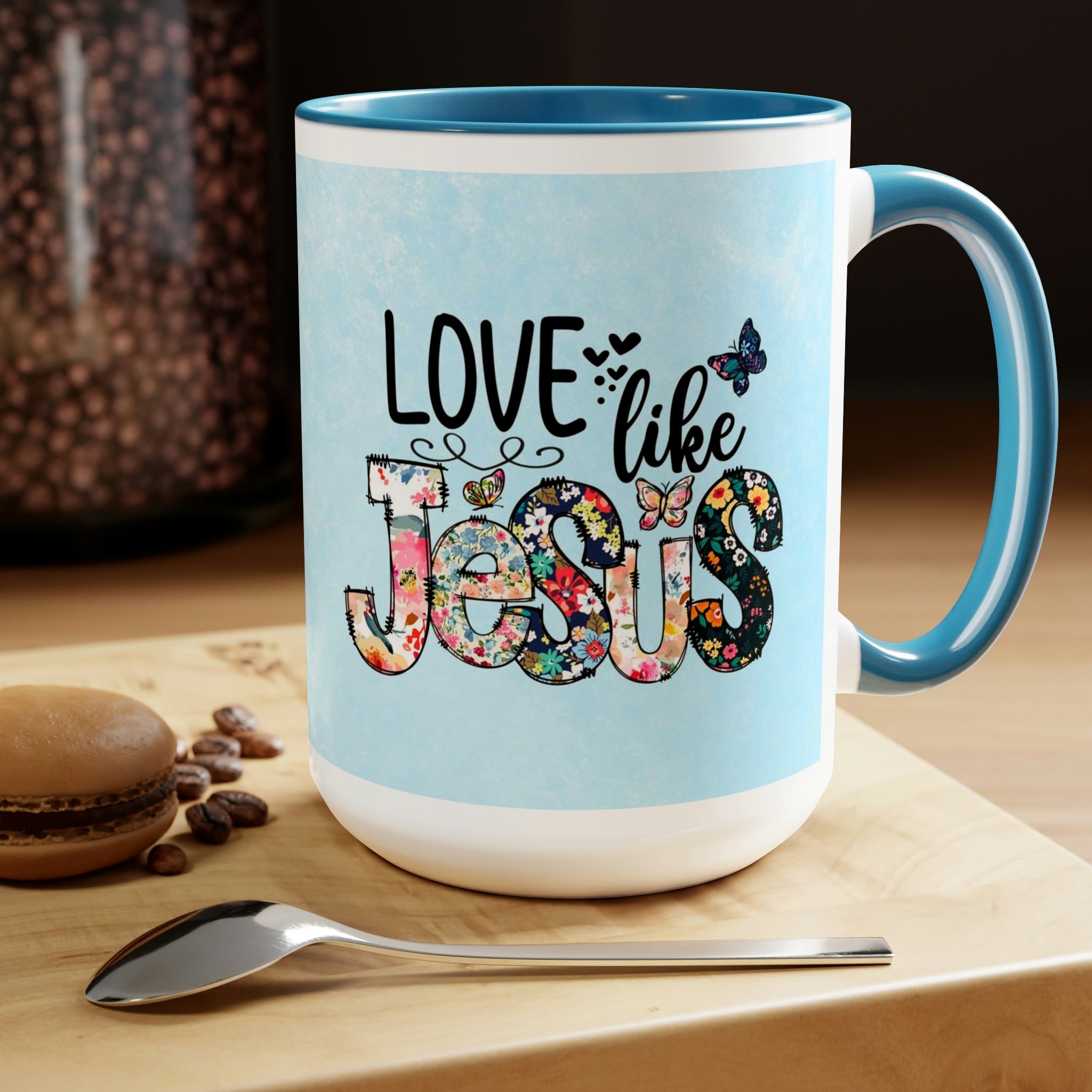 Love Like Jesus Light Blue and White Two - Tone Coffee Mug, 15oz - Jesus Passion Apparel