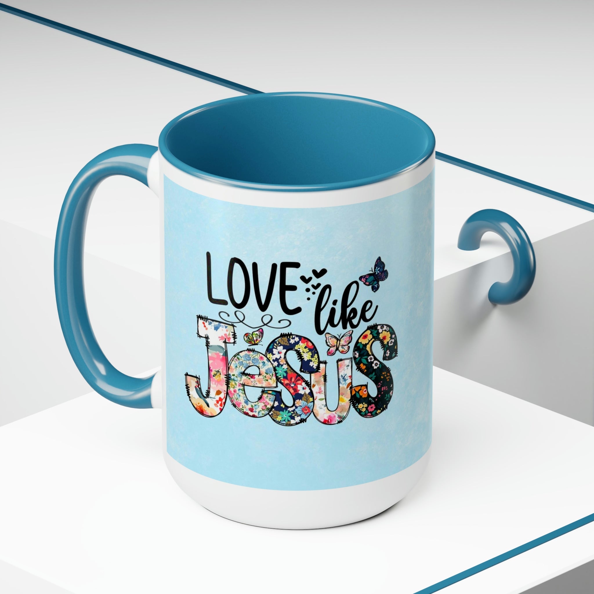 Love Like Jesus Light Blue and White Two - Tone Coffee Mug, 15oz - Jesus Passion Apparel