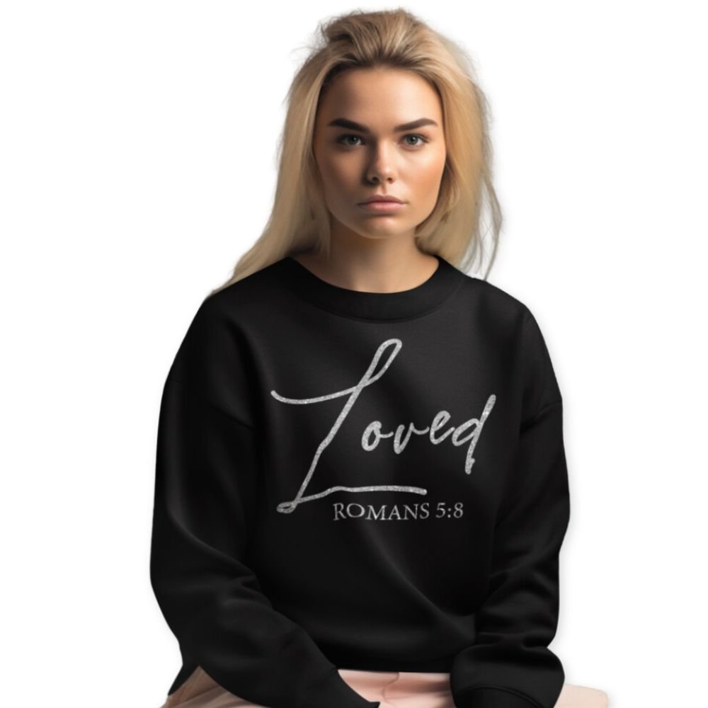 Loved Romans 5:8 Women's Cropped Raglan Pullover Fleece Sweatshirt - Black - Jesus Passion Apparel