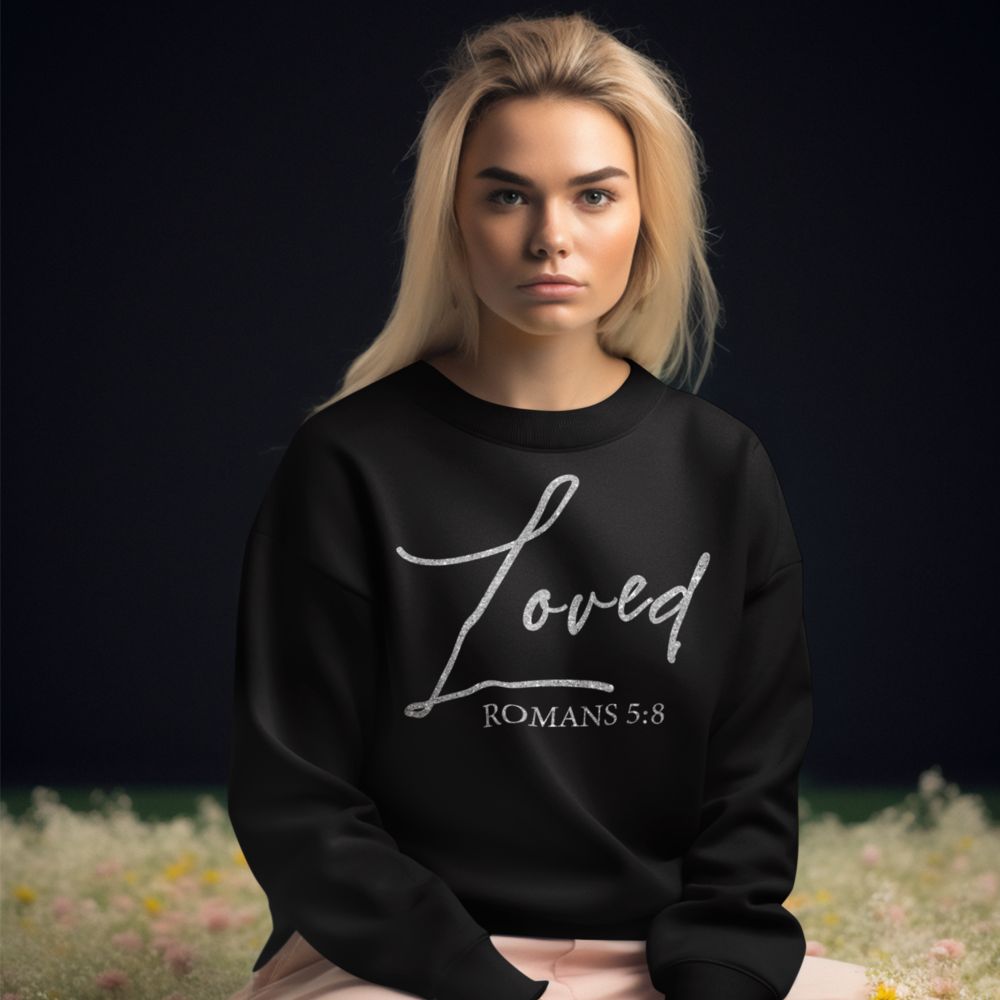 Loved Romans 5:8 Women's Cropped Raglan Pullover Fleece Sweatshirt - Black - Jesus Passion Apparel