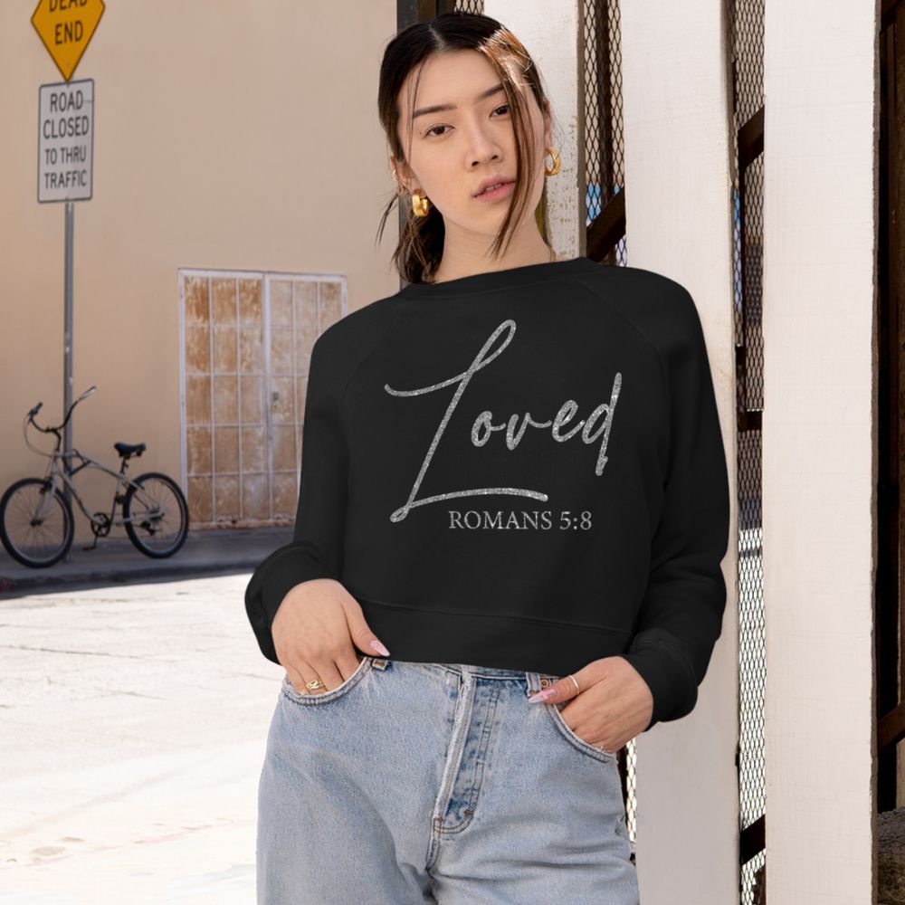 Loved Romans 5:8 Women's Cropped Raglan Pullover Fleece Sweatshirt - Black - Jesus Passion Apparel