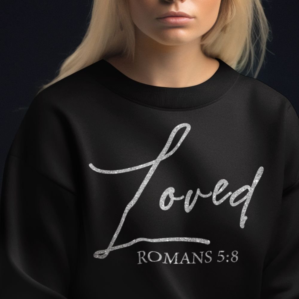 Loved Romans 5:8 Women's Cropped Raglan Pullover Fleece Sweatshirt - Black - Jesus Passion Apparel