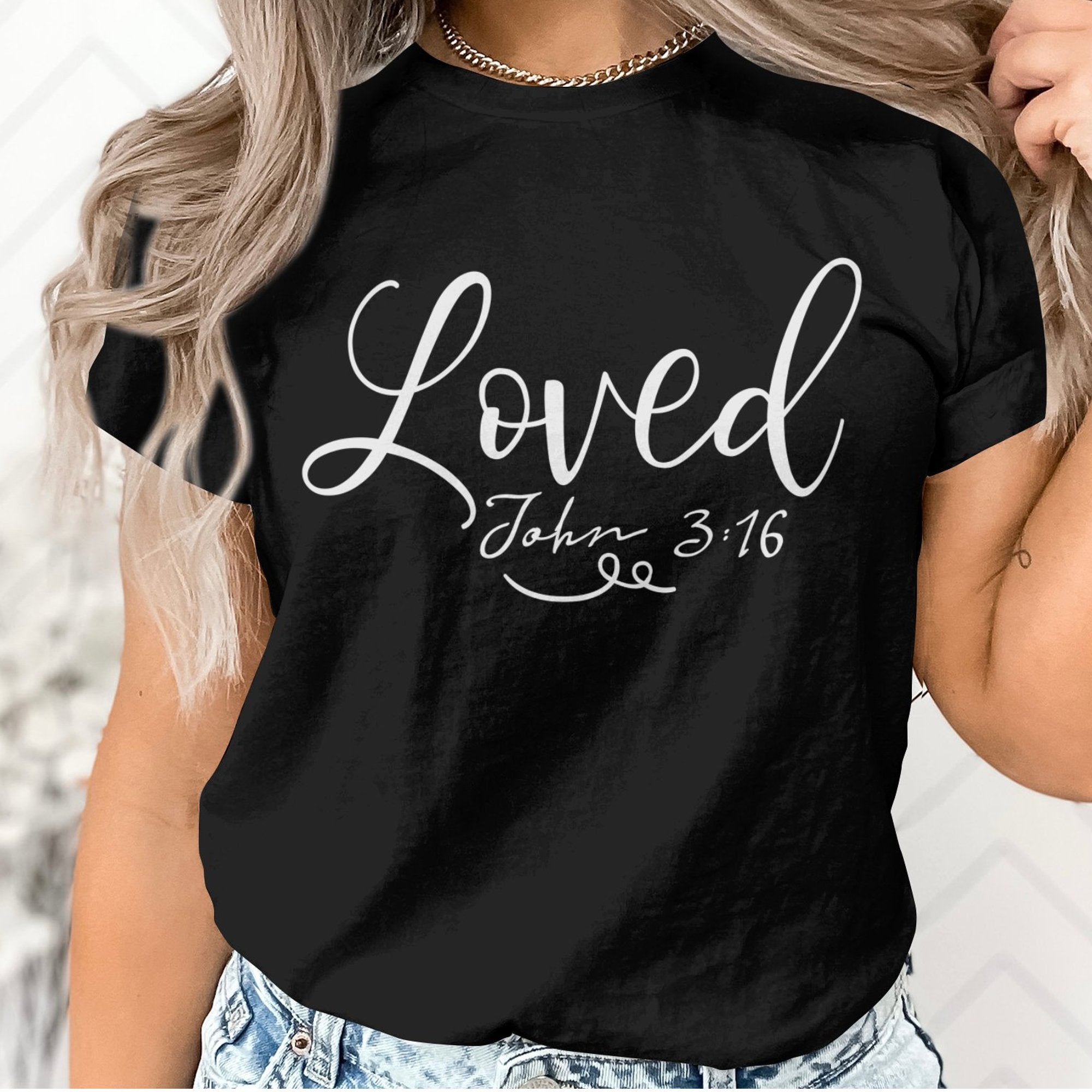 Loved Women's Jersey Short Sleeve Tee - Black / White - Jesus Passion Apparel