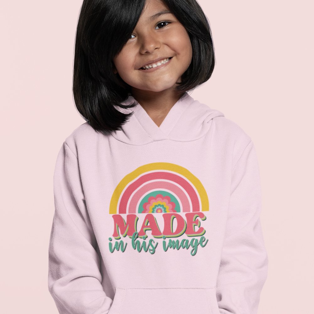 Made in His Image Rainbow Youth Girl's Heavy Blend Hoodie - Design on Front and Back - Jesus Passion Apparel