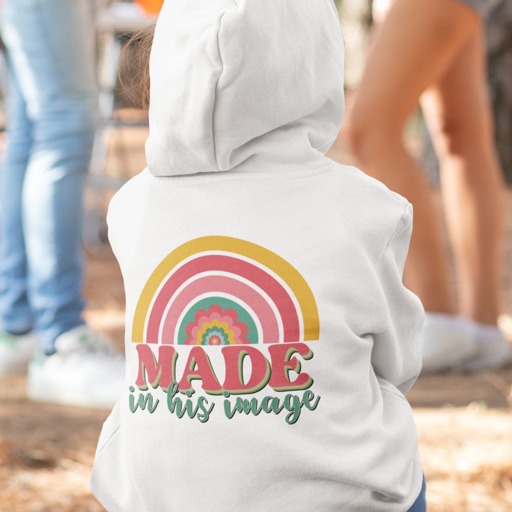 Made in His Image Rainbow Youth Girl's Heavy Blend Hoodie - Design on Front and Back - Jesus Passion Apparel