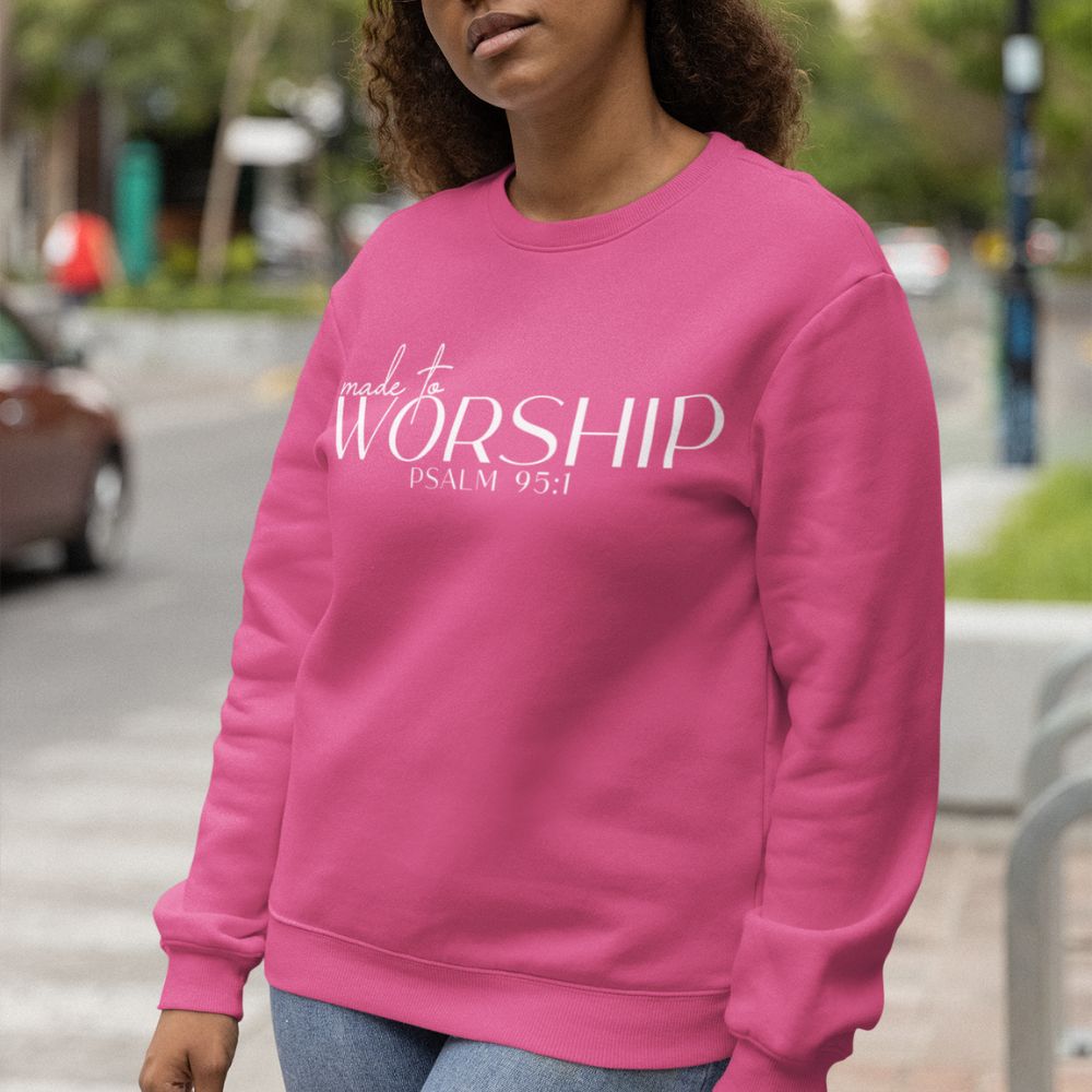 Made to Worship Women's Fleece Unisex - Fit Sweatshirt Navy / Pink Heliconia - Jesus Passion Apparel