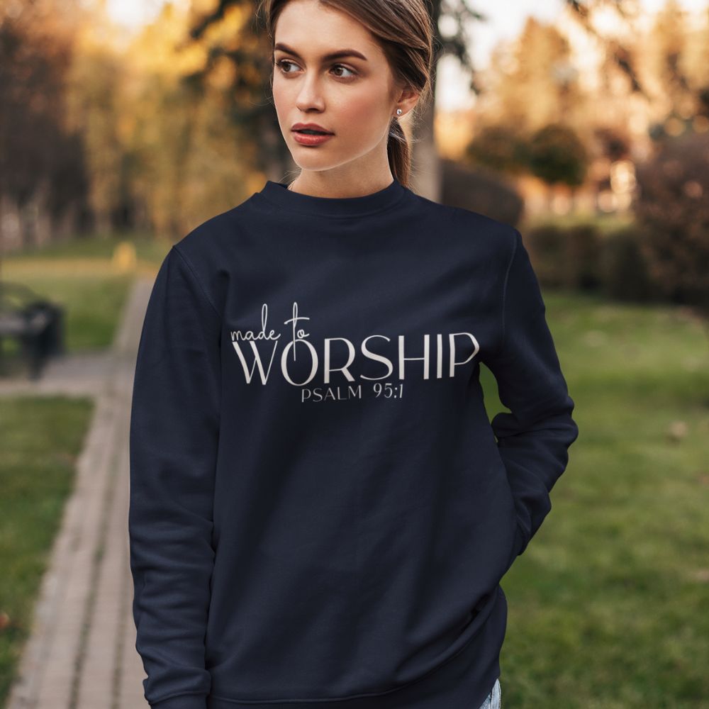 Made to Worship Women's Fleece Unisex - Fit Sweatshirt Navy / Pink Heliconia - Jesus Passion Apparel