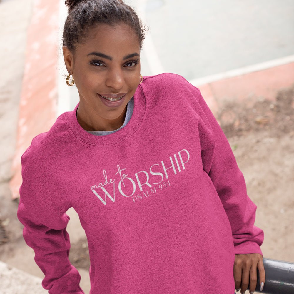 Made to Worship Women's Fleece Unisex - Fit Sweatshirt Navy / Pink Heliconia - Jesus Passion Apparel