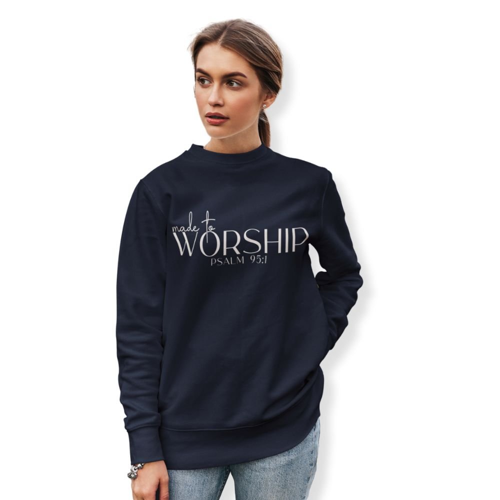 Made to Worship Women's Fleece Unisex - Fit Sweatshirt Navy / Pink Heliconia - Jesus Passion Apparel