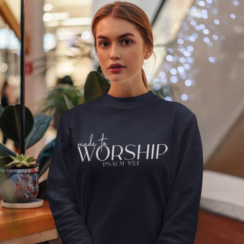 Made to Worship Women's Fleece Unisex - Fit Sweatshirt Navy / Pink Heliconia - Jesus Passion Apparel